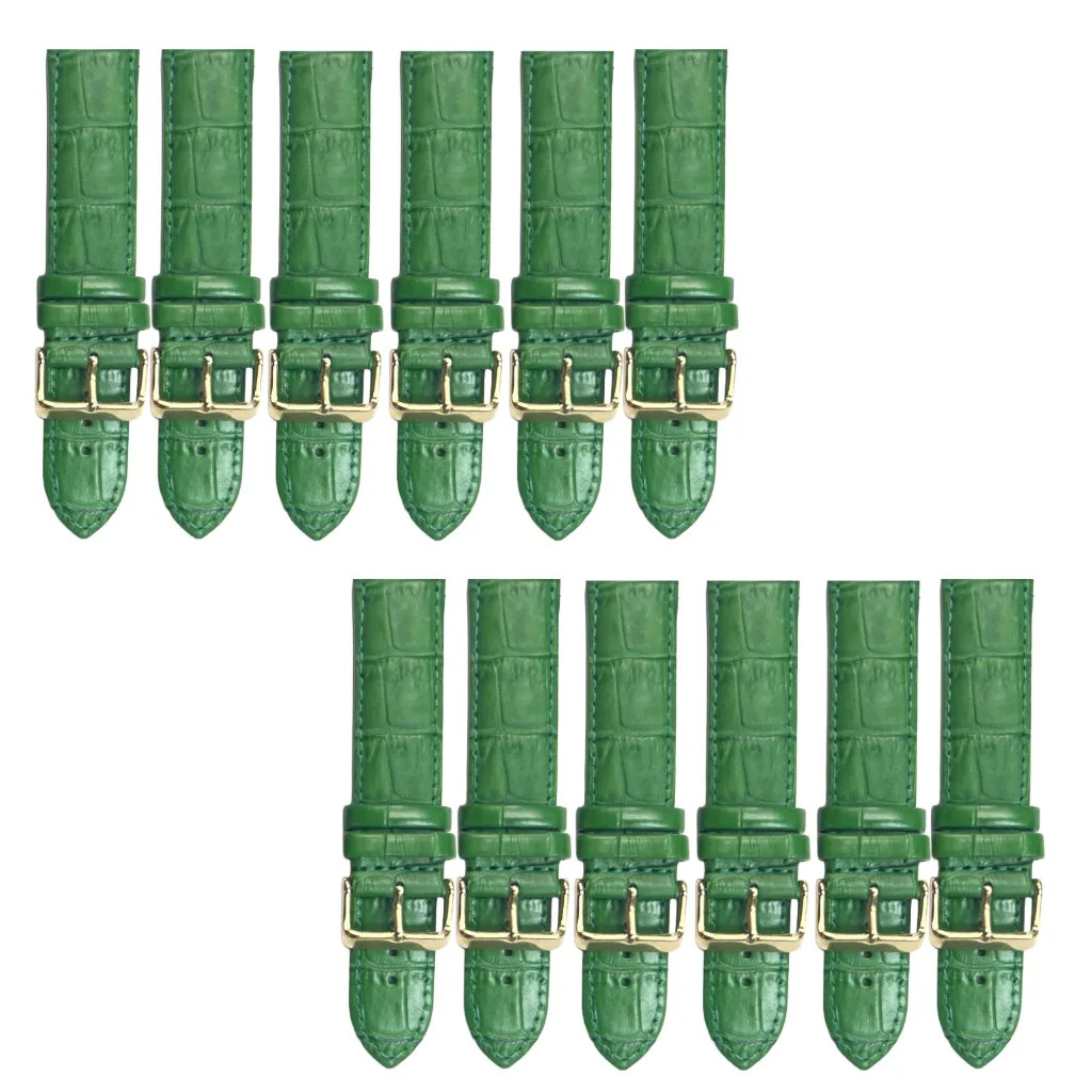 12PCS Alligator Grain GREEN Leather Watch Band (16MM-24MM) Padded & Stitched