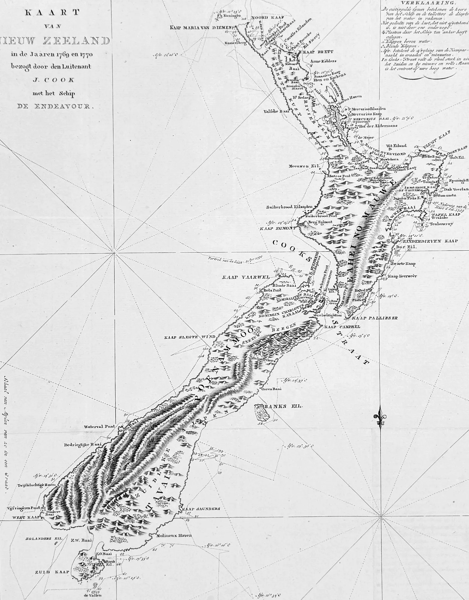 1774 Captain James Cook Antique Map, 1st Printed Chart of New Zealand. Dutch Ed. - Scarce