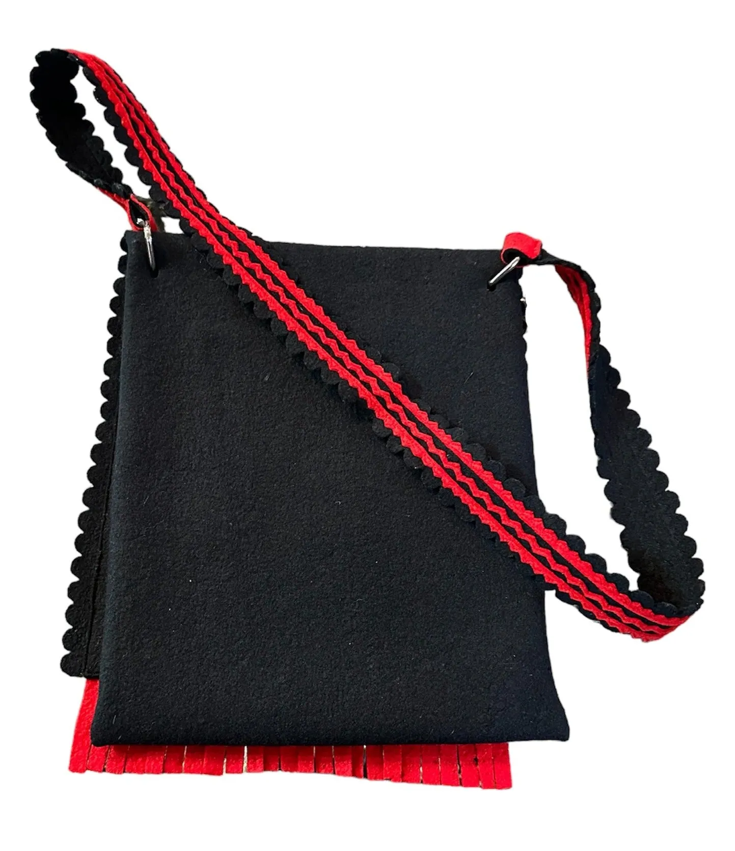 1960s Folkwear Felt Shoulder Bag in Red, White and Black Applique with Self Fringe