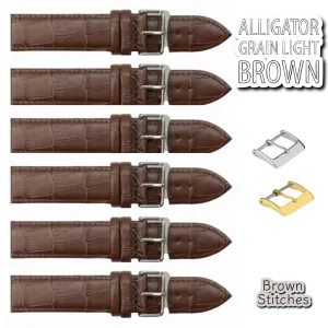 6PCS Alligator Grain LIGHT BROWN Leather Watch Band (12MM-30MM   XXL Sizes) Padded w/Brown Stitches