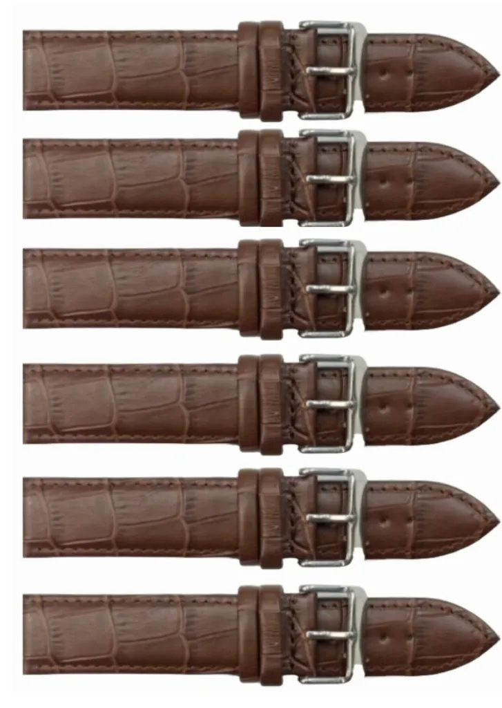 6PCS Alligator Grain LIGHT BROWN Leather Watch Band (12MM-30MM   XXL Sizes) Padded w/Brown Stitches