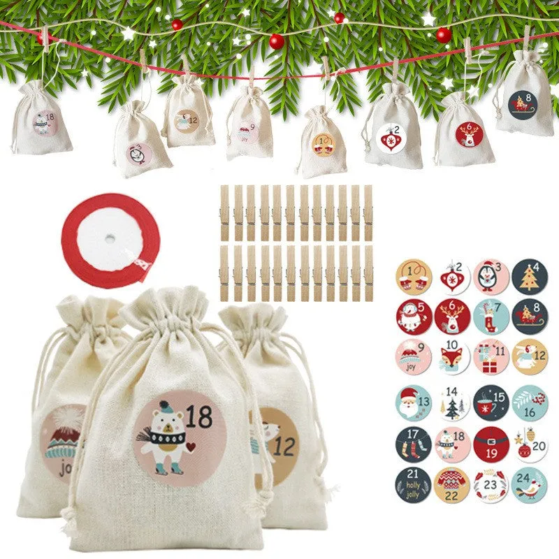 (73-piece set) DIY Advent calendar to fill with Christmas calendar cotton bags incl. stickers   clips - Style 2