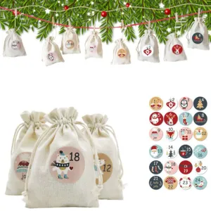 (73-piece set) DIY Advent calendar to fill with Christmas calendar cotton bags incl. stickers   clips - Style 2