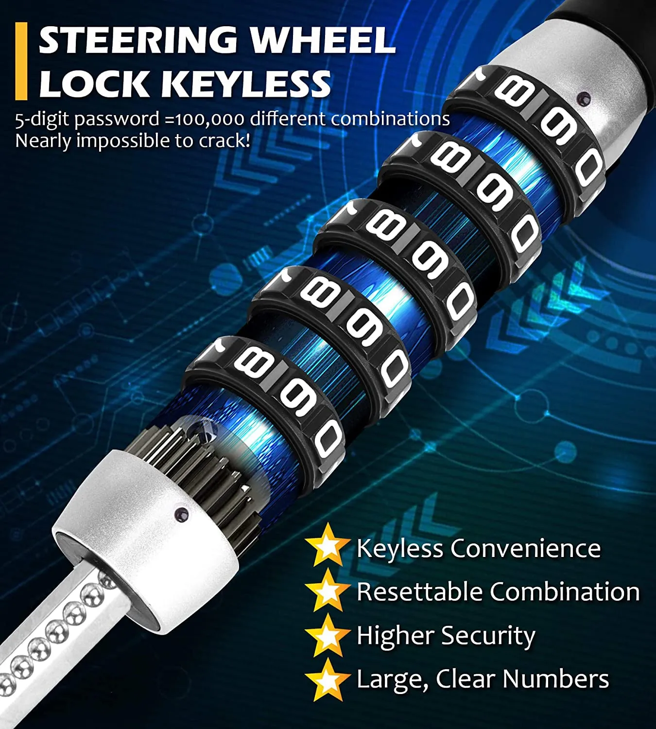 Anti-Theft Retractable Steering Wheel Lock Keyless Password Lock