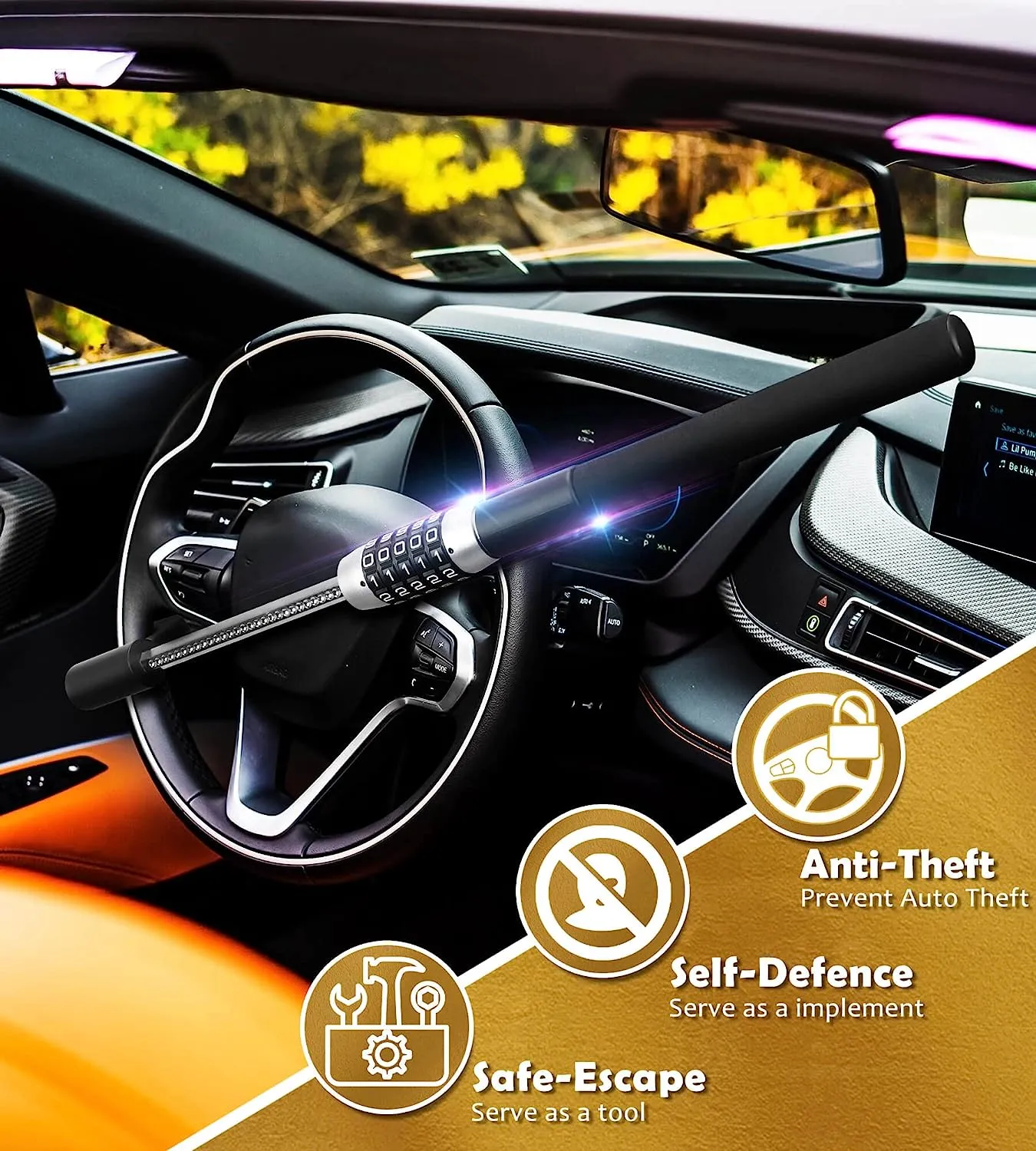 Anti-Theft Retractable Steering Wheel Lock Keyless Password Lock