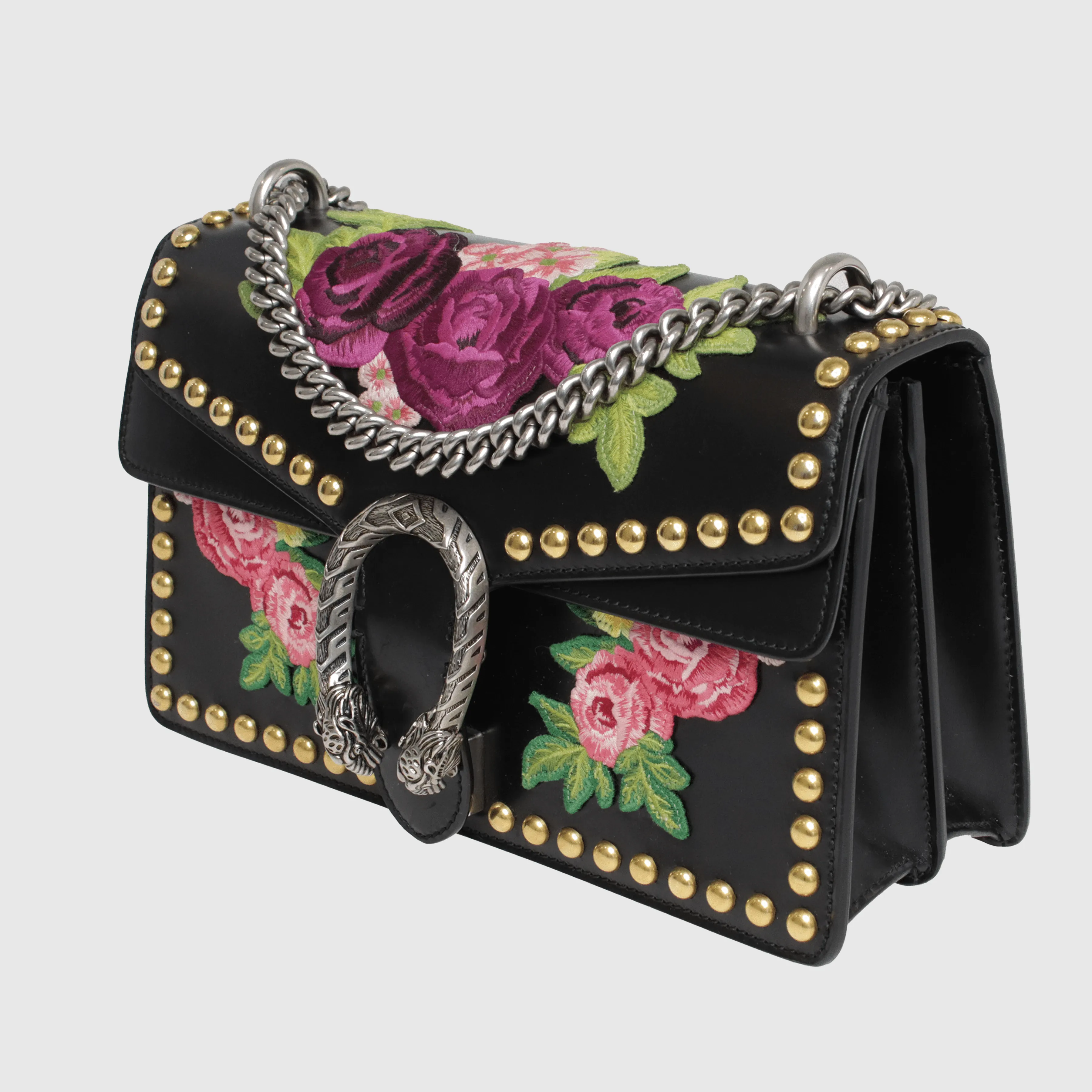 Black  Floral Embroidered Studded Dionysus Small Shoulder Bag