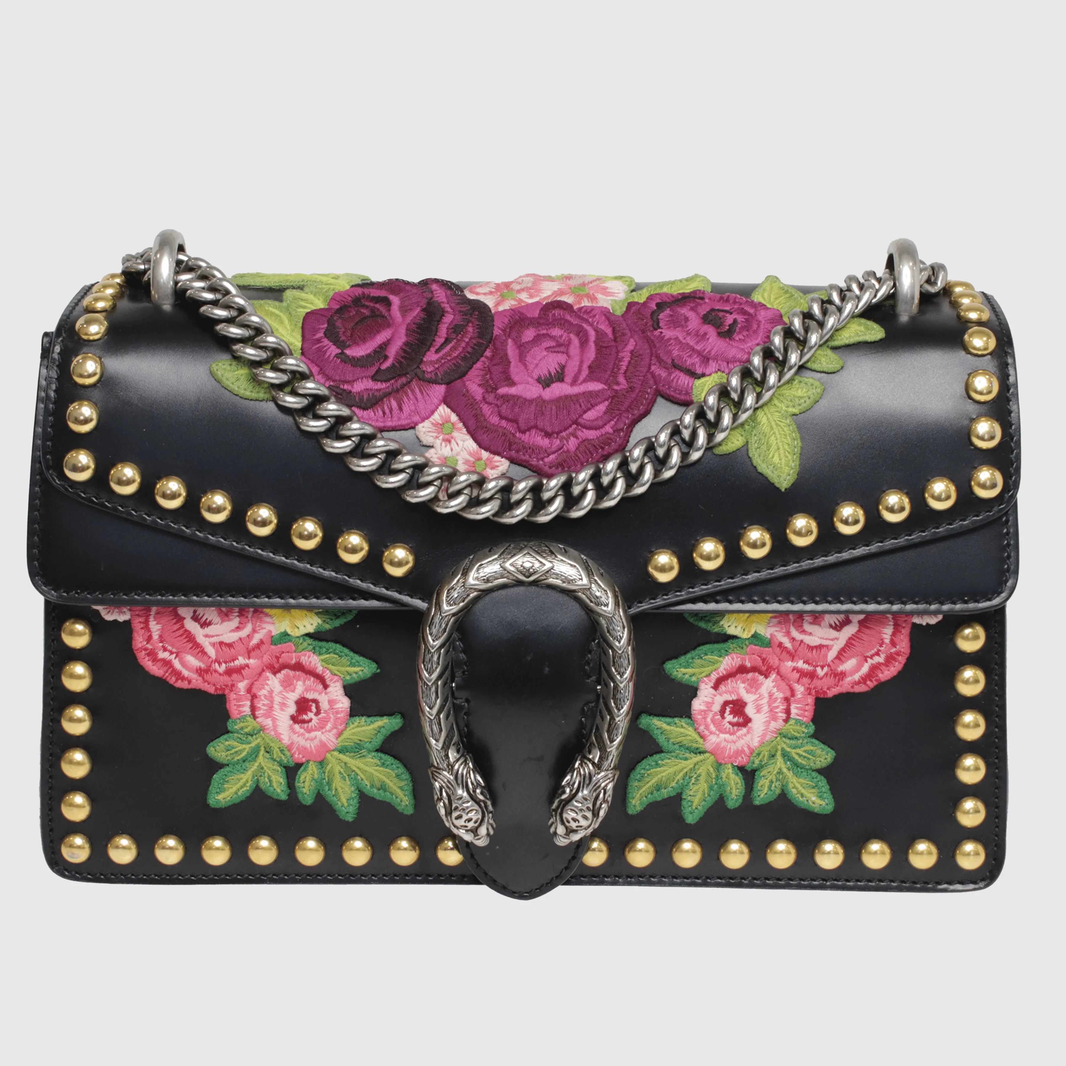 Black  Floral Embroidered Studded Dionysus Small Shoulder Bag