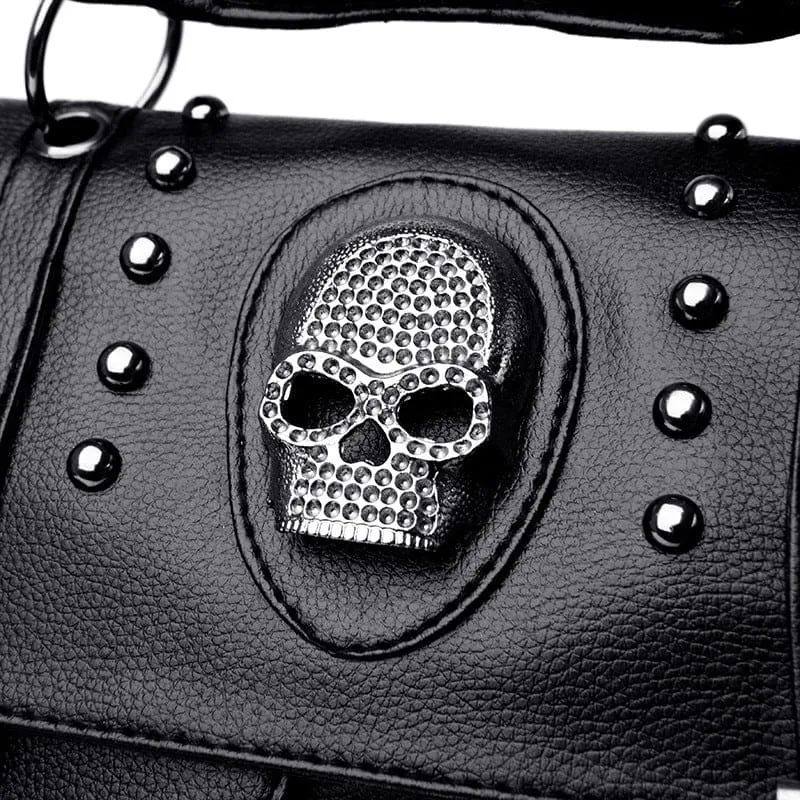 Black Studded Shoulder Bag with Skull Emblem and Details