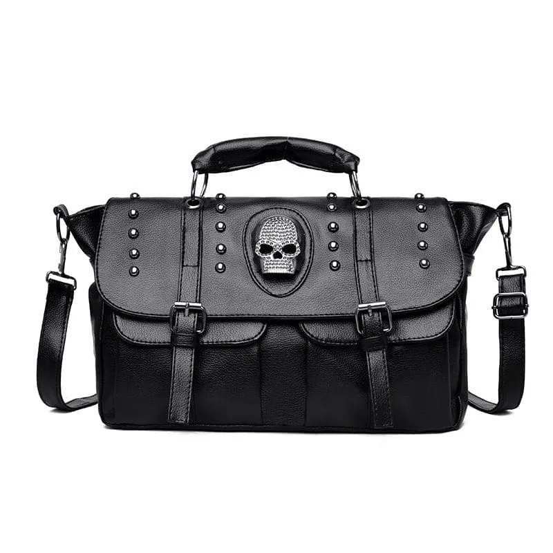 Black Studded Shoulder Bag with Skull Emblem and Details