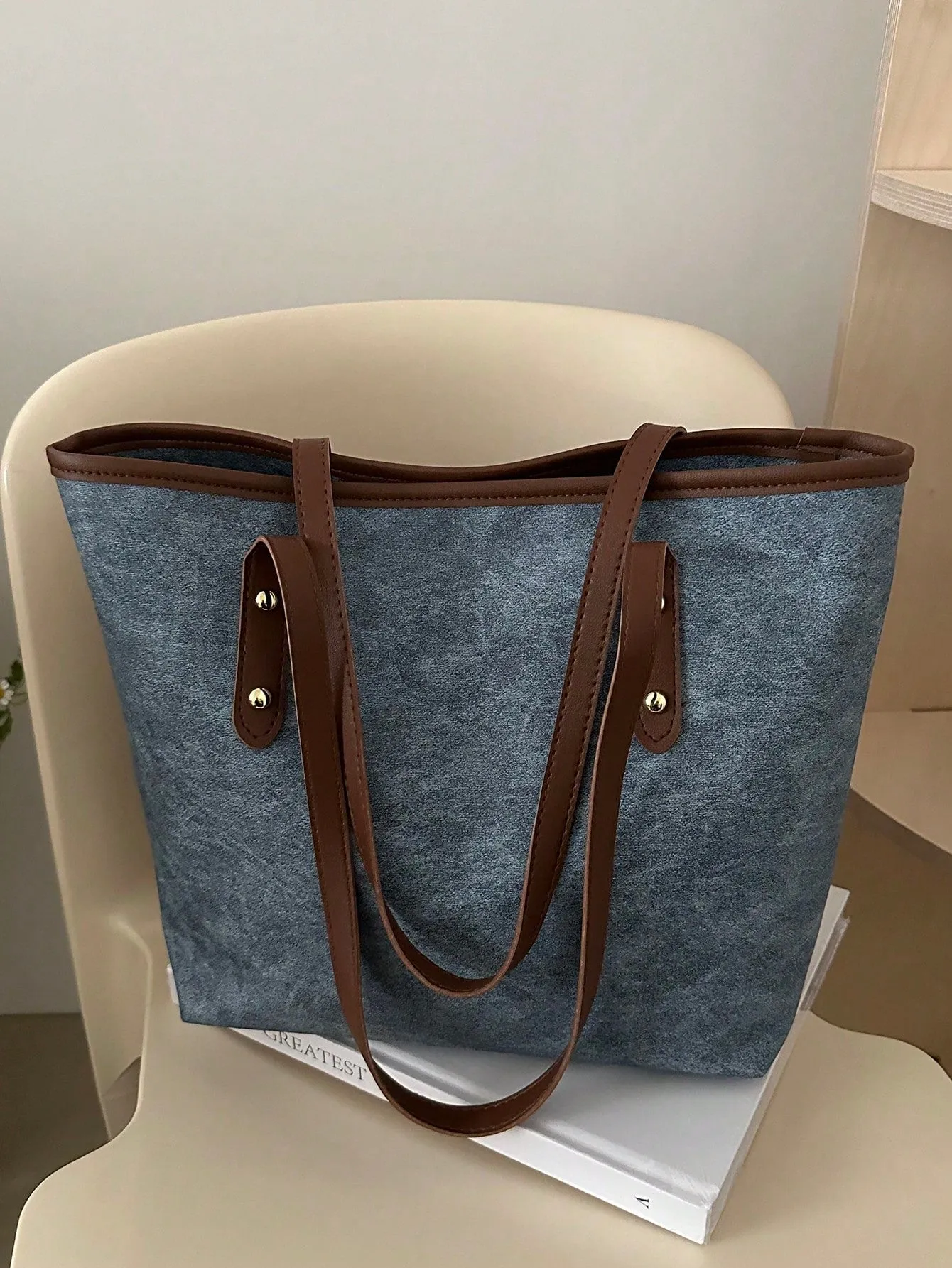 Blue PU Leather Rivet Decor Zipper Closure Large Capacity Simple And Versatile Tote Shoulder Bag