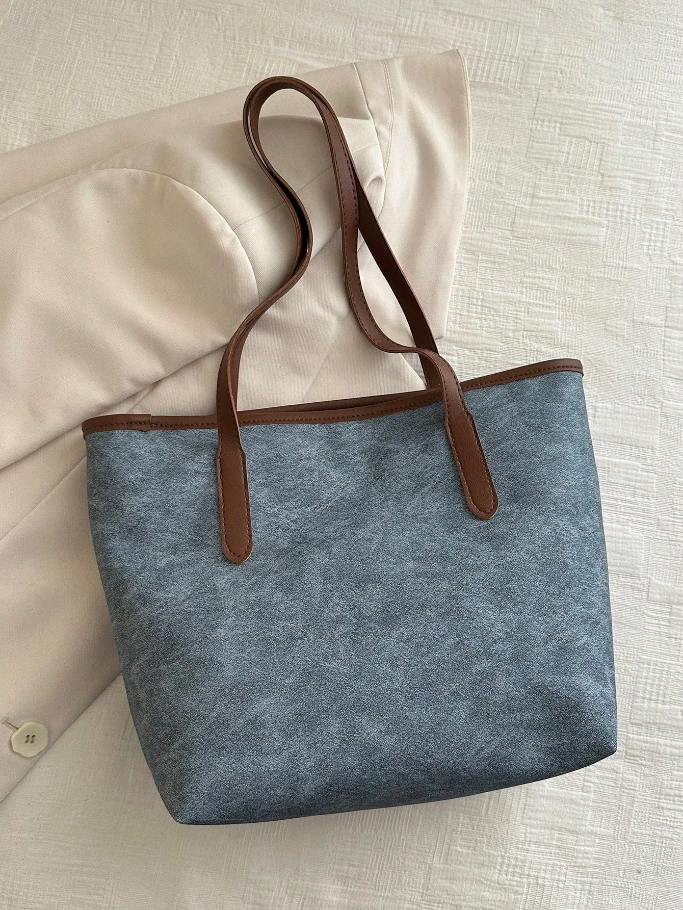 Blue PU Leather Rivet Decor Zipper Closure Large Capacity Simple And Versatile Tote Shoulder Bag