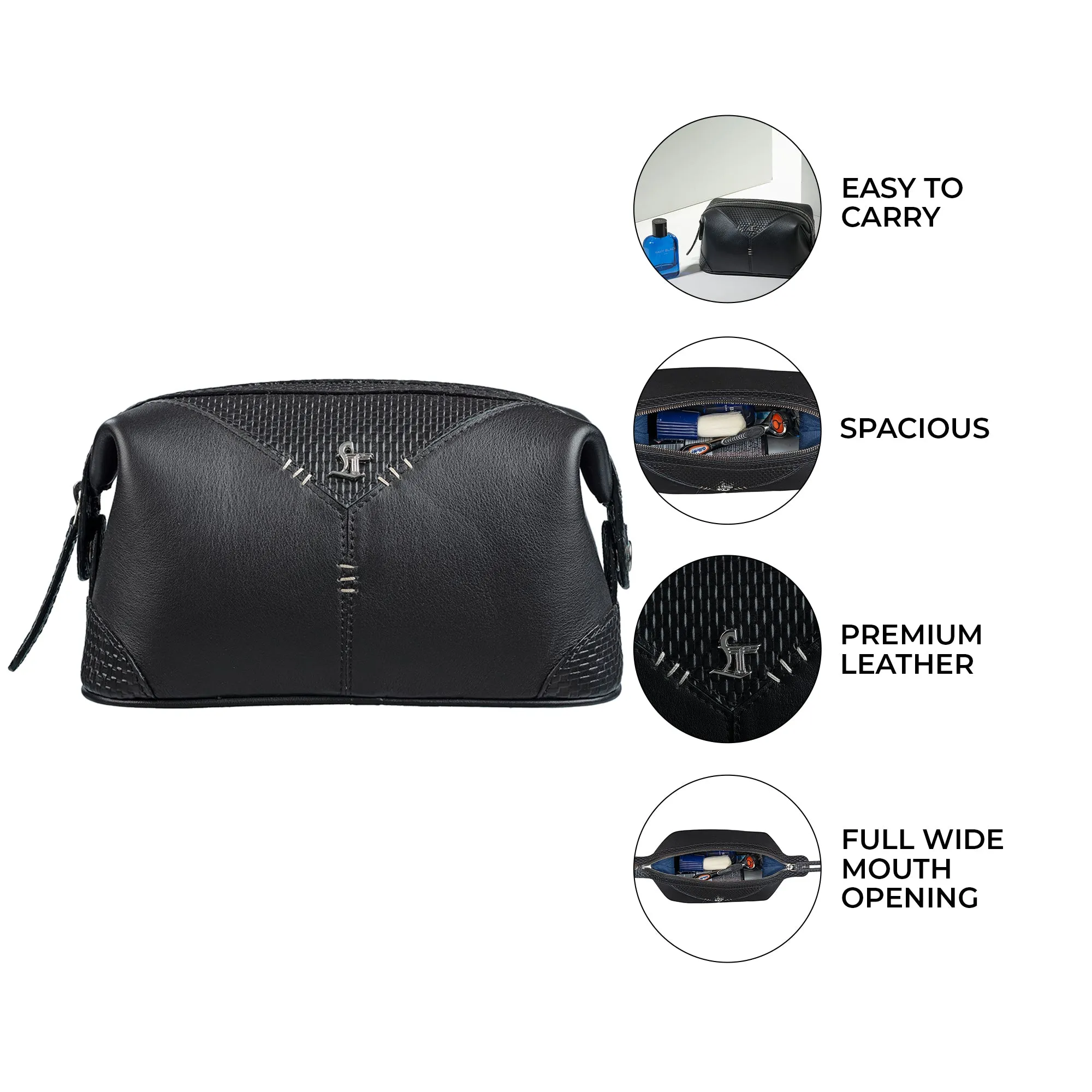 Bom Leather Toiletry / Shaving Kit Bag | For Carrying Grooming Essentials & Travel  | Color: Croco Black