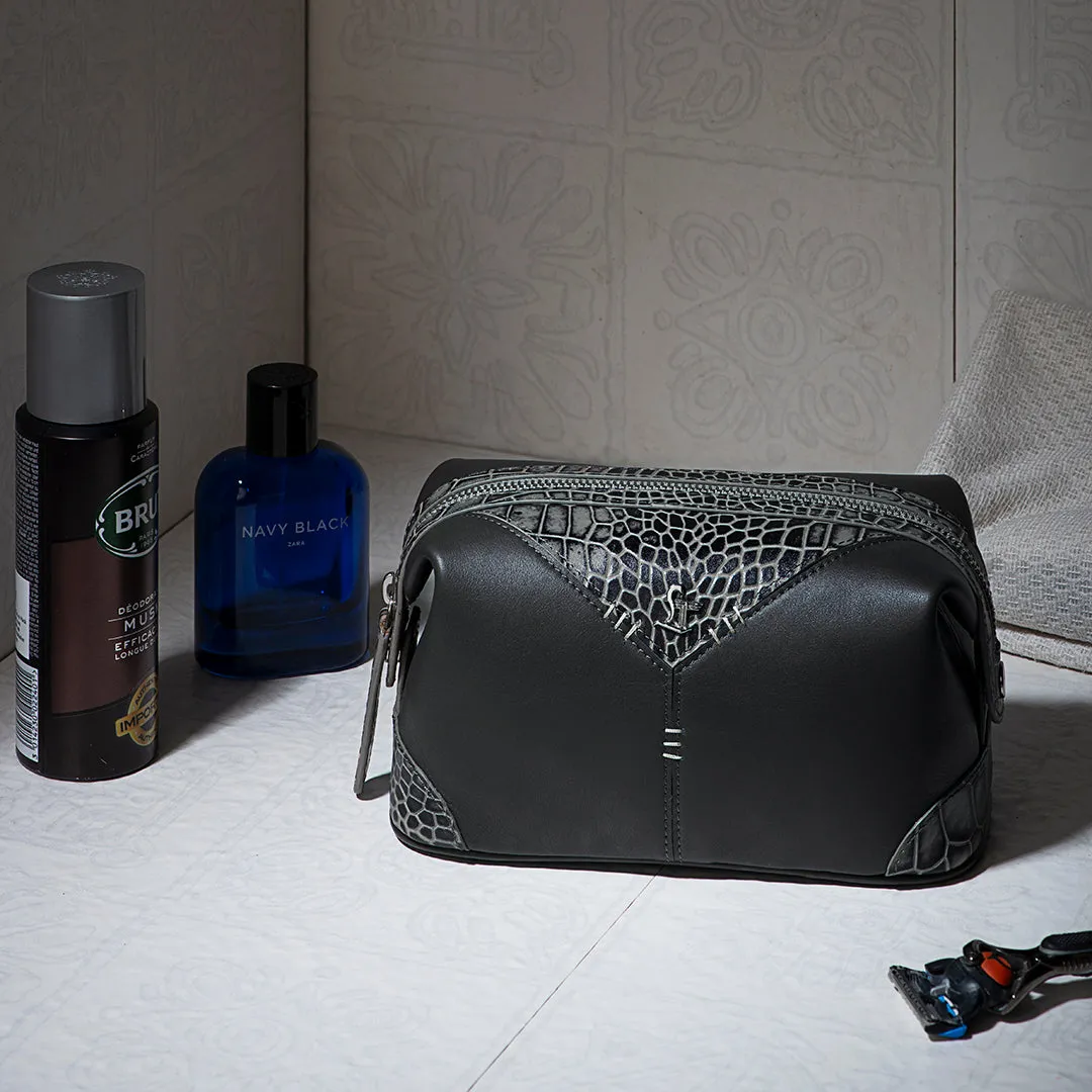 Bom Leather Toiletry / Shaving Kit Bag | For Carrying Grooming Essentials & Travel  | Color: Croco Black