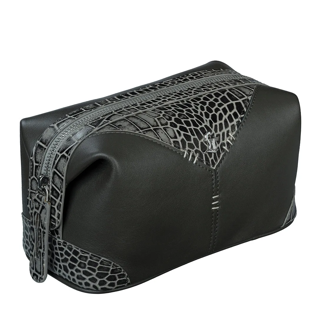 Bom Leather Toiletry / Shaving Kit Bag | For Carrying Grooming Essentials & Travel  | Color: Croco Black