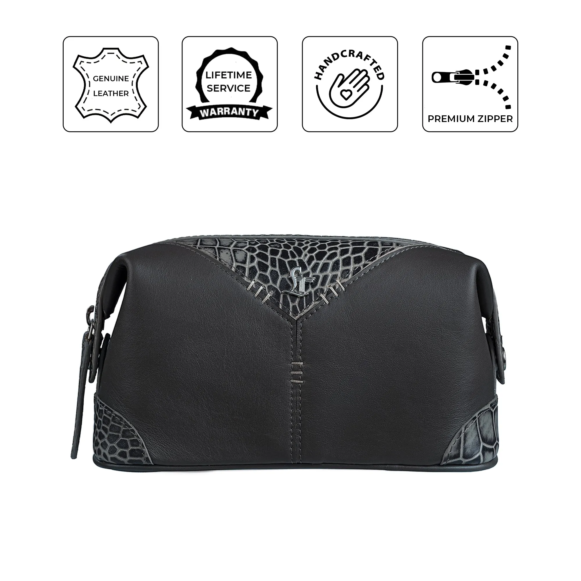 Bom Leather Toiletry / Shaving Kit Bag | For Carrying Grooming Essentials & Travel  | Color: Croco Black