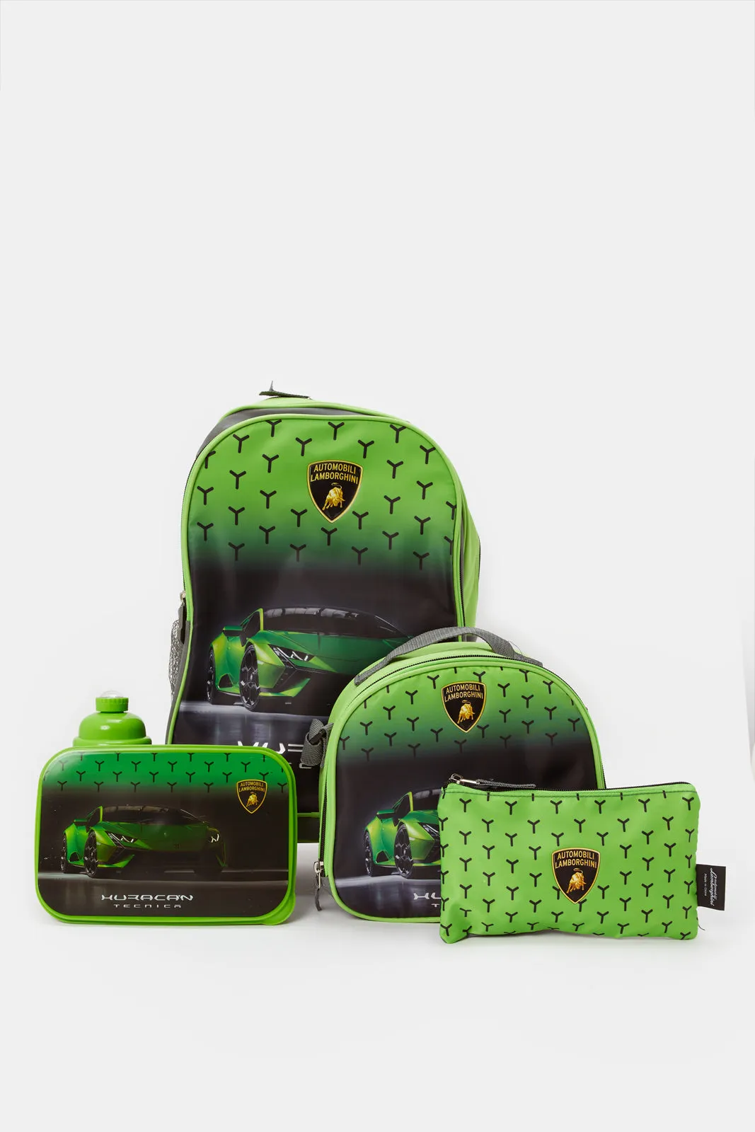 Boys Green Lamborghini Print Trolley Backpack Set (5 Piece)