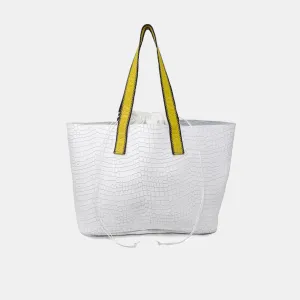 California white bag with text straps