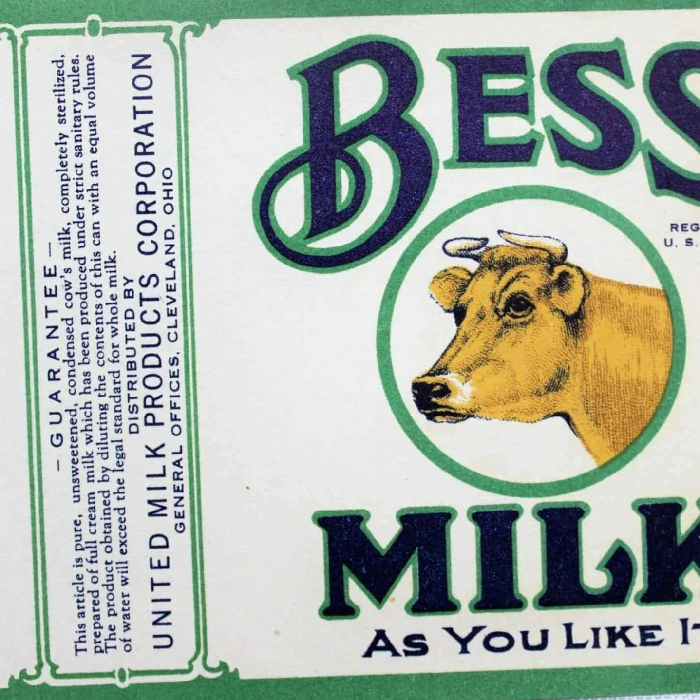 Can Label, Bess Milk, Original NOS Lithograph, Antique 1910's