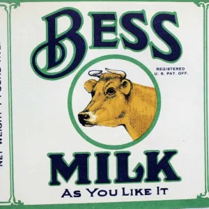 Can Label, Bess Milk, Original NOS Lithograph, Antique 1910's