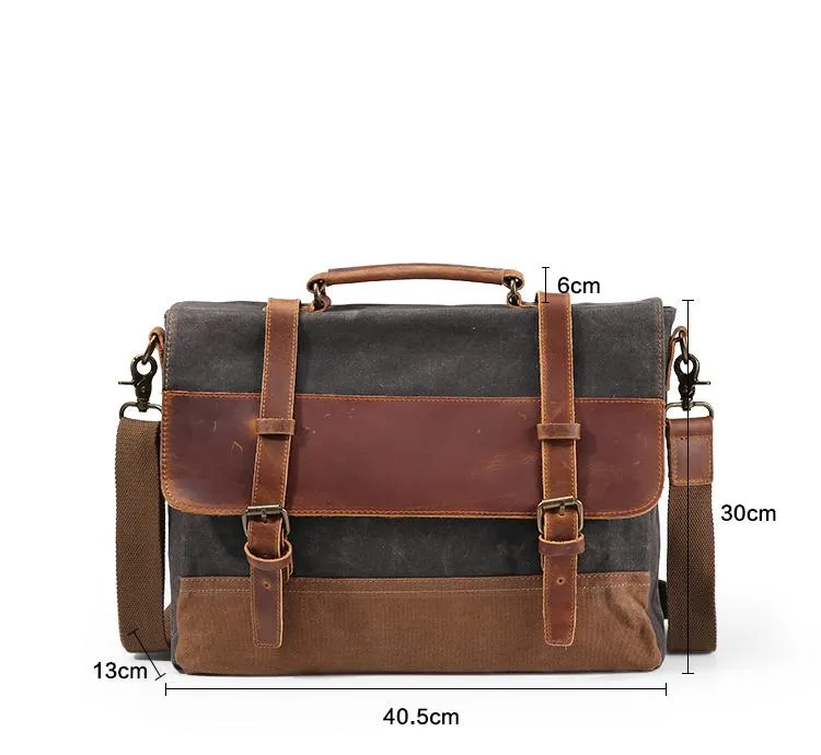 Canvas Leather Mens Side Bag Gray 14'' Briefcase Postman Bag Messenger Bag for Men