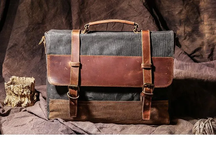 Canvas Leather Mens Side Bag Gray 14'' Briefcase Postman Bag Messenger Bag for Men