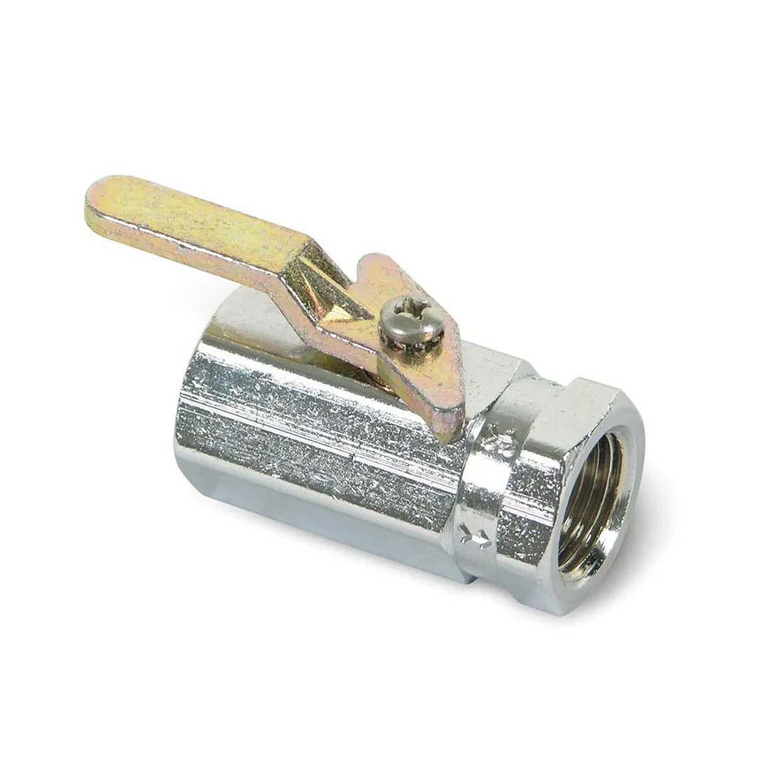 Earl's Shut-Off Valve - 3/8" NPT Inlet Thread, 3/8" Female NPT Outlet Thread, 1-3/4" Body Length - Chrome Plated Brass Body