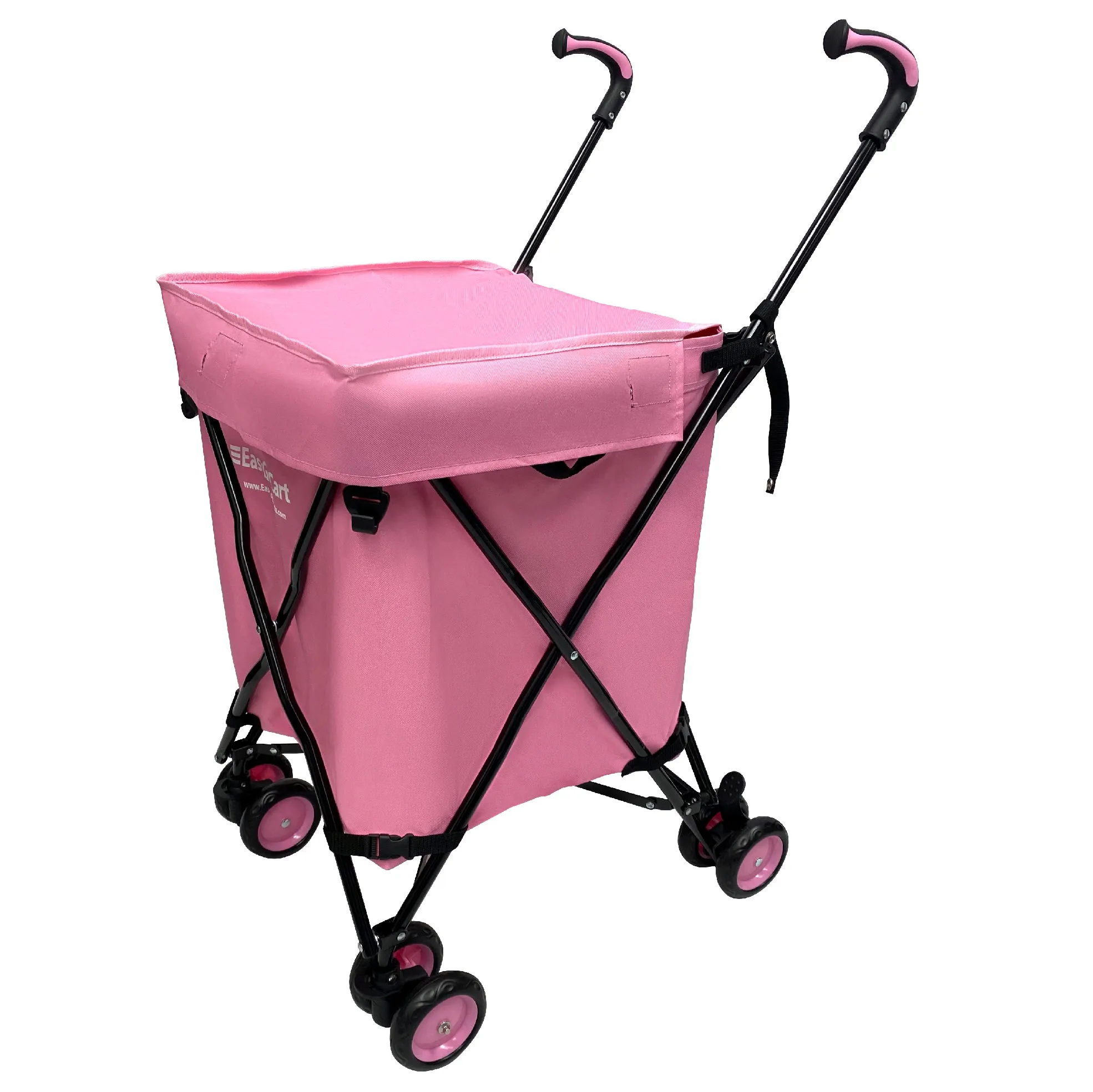 EasyGo Cart Folding Grocery Shopping and Laundry Utility Cart – Removable Water-Resistant Canvas Bag - Front Locking Swivel Wheels – Rear Brakes - Easy Folding - 120lbs Capacity – Copyrighted – Pink