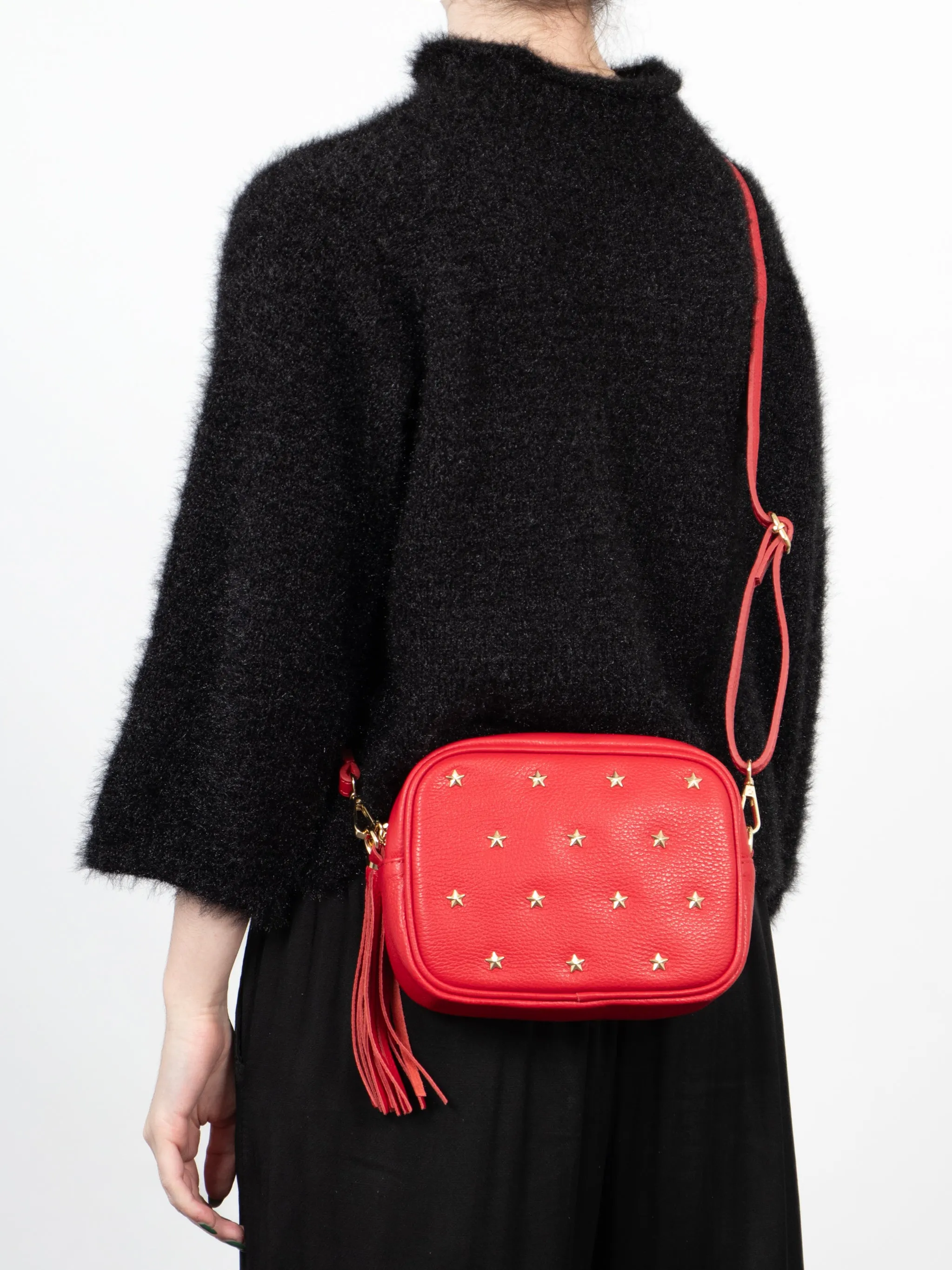 Eloise - Italian Leather Star Studded Crossbody Bag - Red, Pebbled