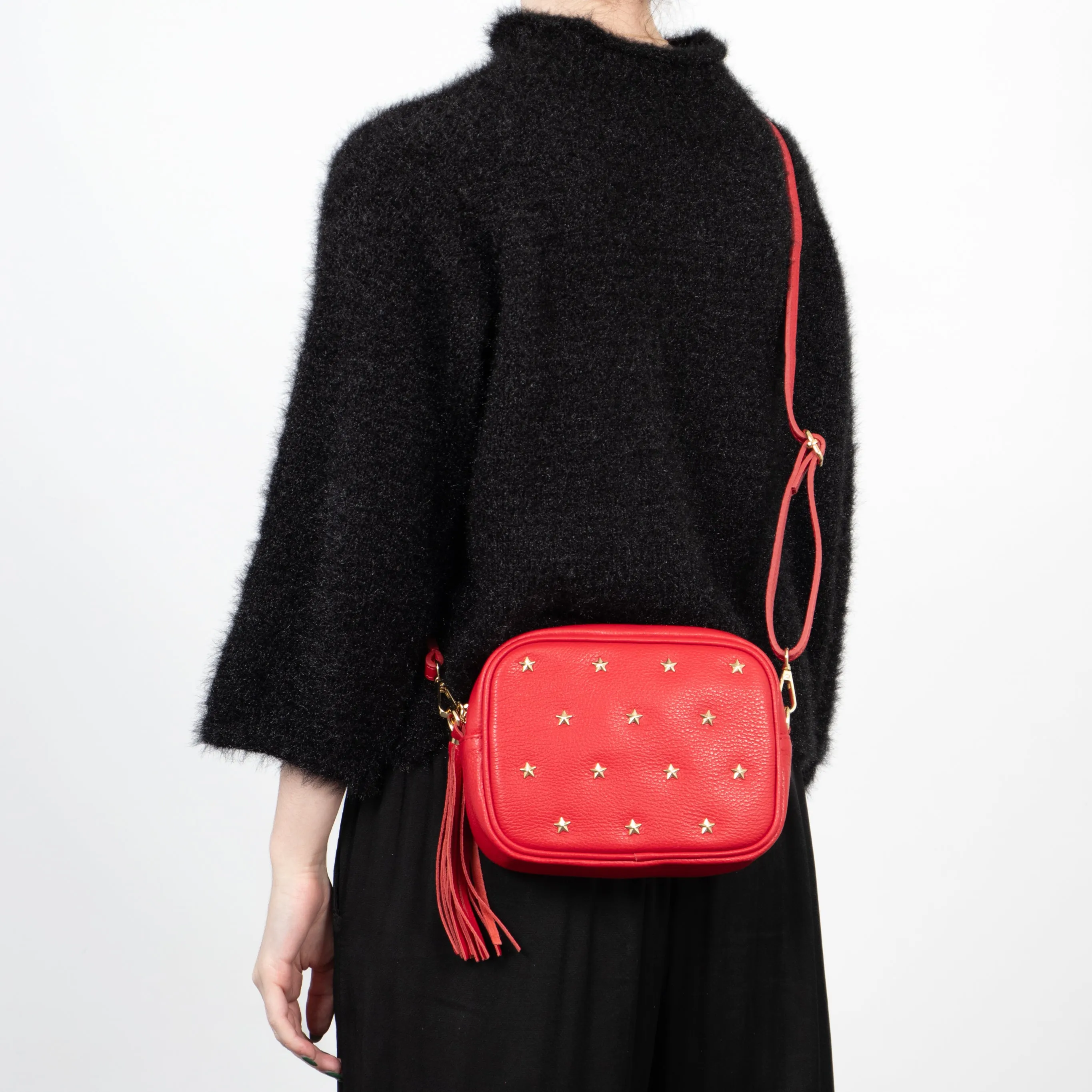 Eloise - Italian Leather Star Studded Crossbody Bag - Red, Pebbled