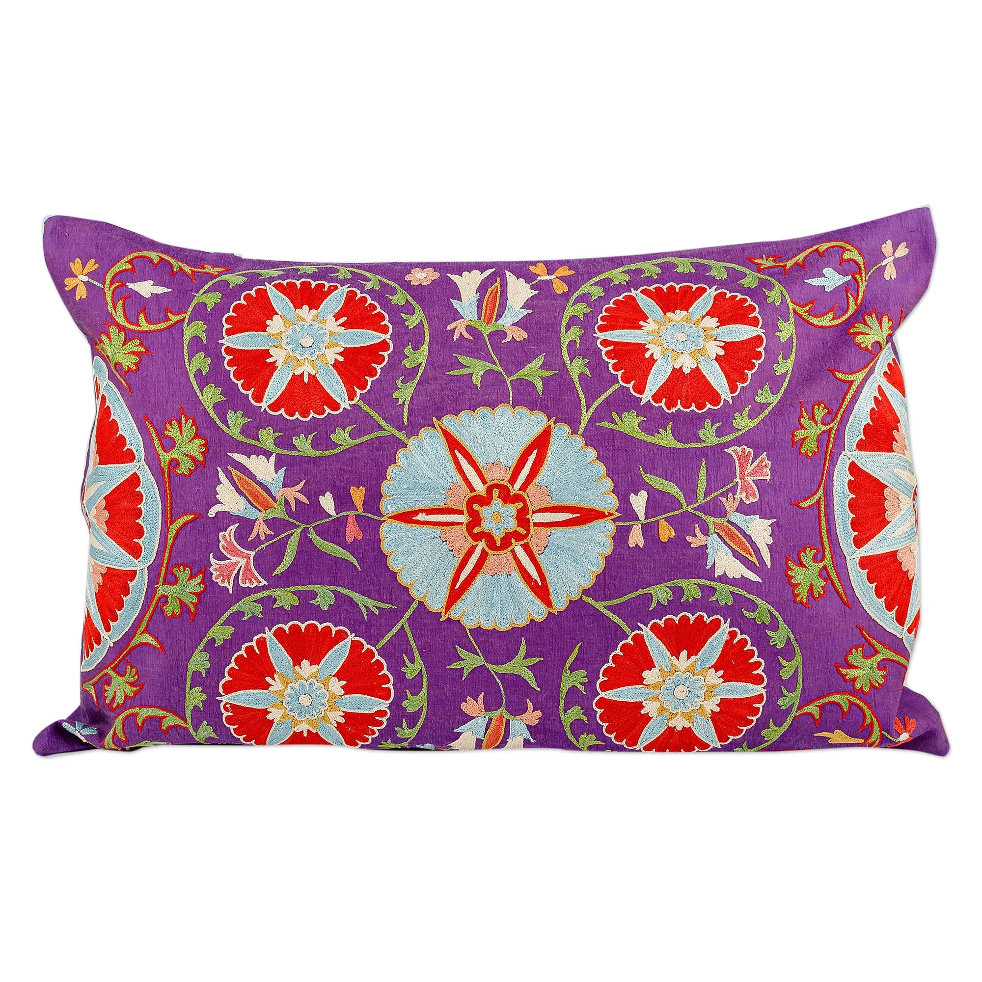 Embroidered Purple Silk and Cotton Cushion Cover - Glimpses of Purple Nobility | NOVICA