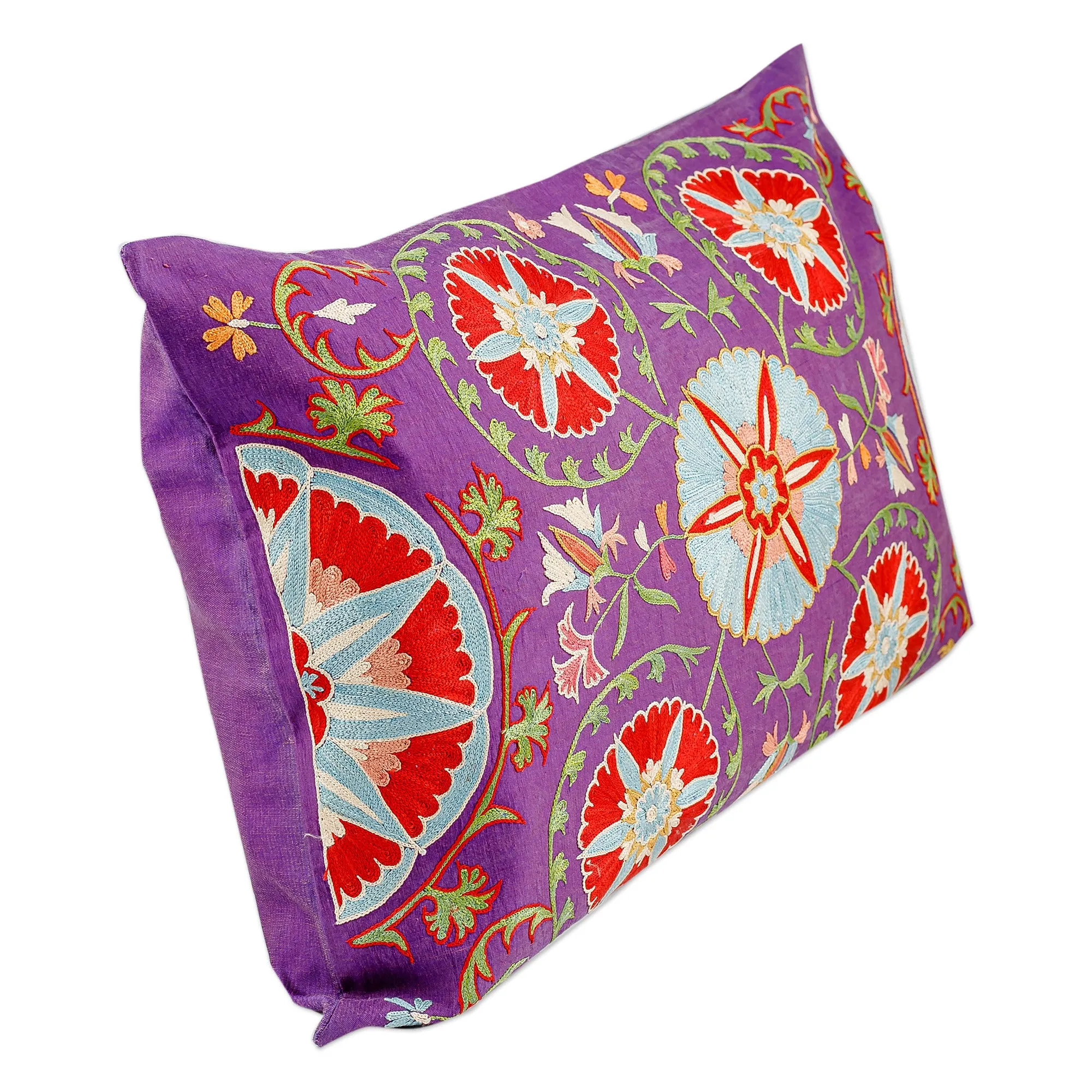 Embroidered Purple Silk and Cotton Cushion Cover - Glimpses of Purple Nobility | NOVICA