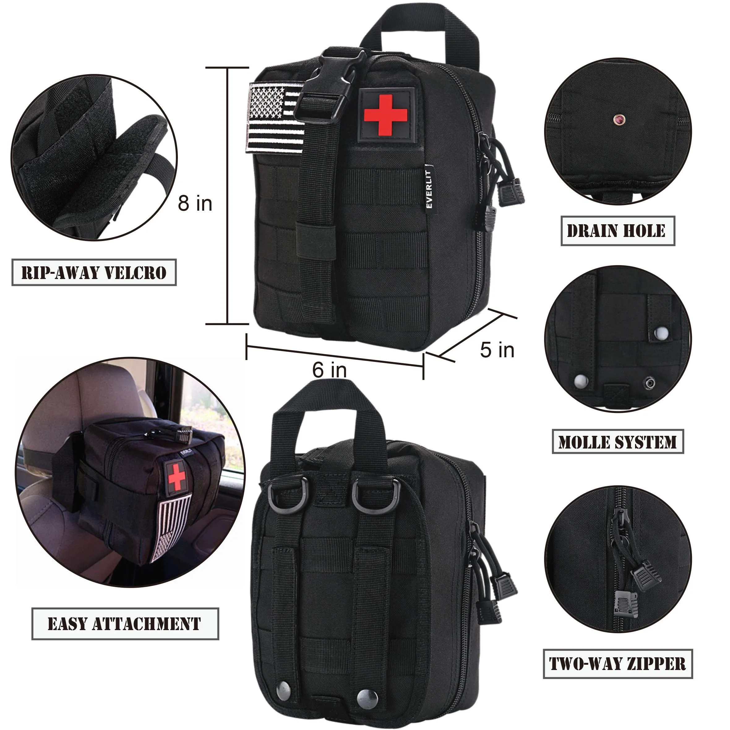 Everlit Emergency Survival Trauma Kit with Tourniquet 36" Splint, Military Combat Tactical IFAK for First Aid Response, Critical Wounds, Gun Shots, Blow Out, Severe Bleeding Control and More (Black)