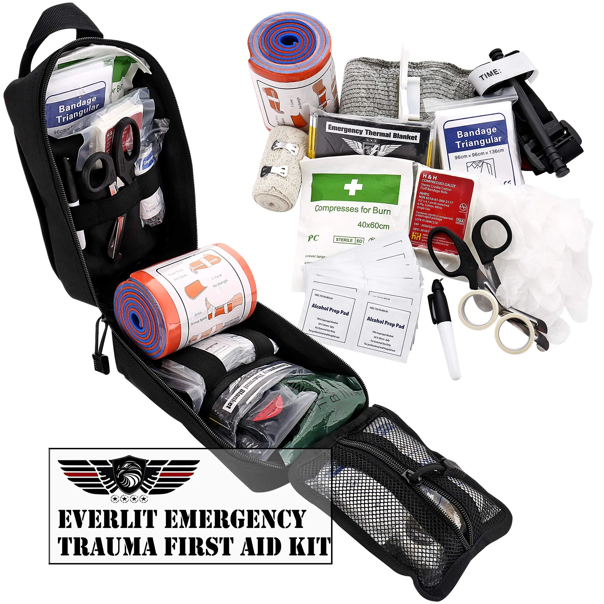 Everlit Emergency Survival Trauma Kit with Tourniquet 36" Splint, Military Combat Tactical IFAK for First Aid Response, Critical Wounds, Gun Shots, Blow Out, Severe Bleeding Control and More (Black)