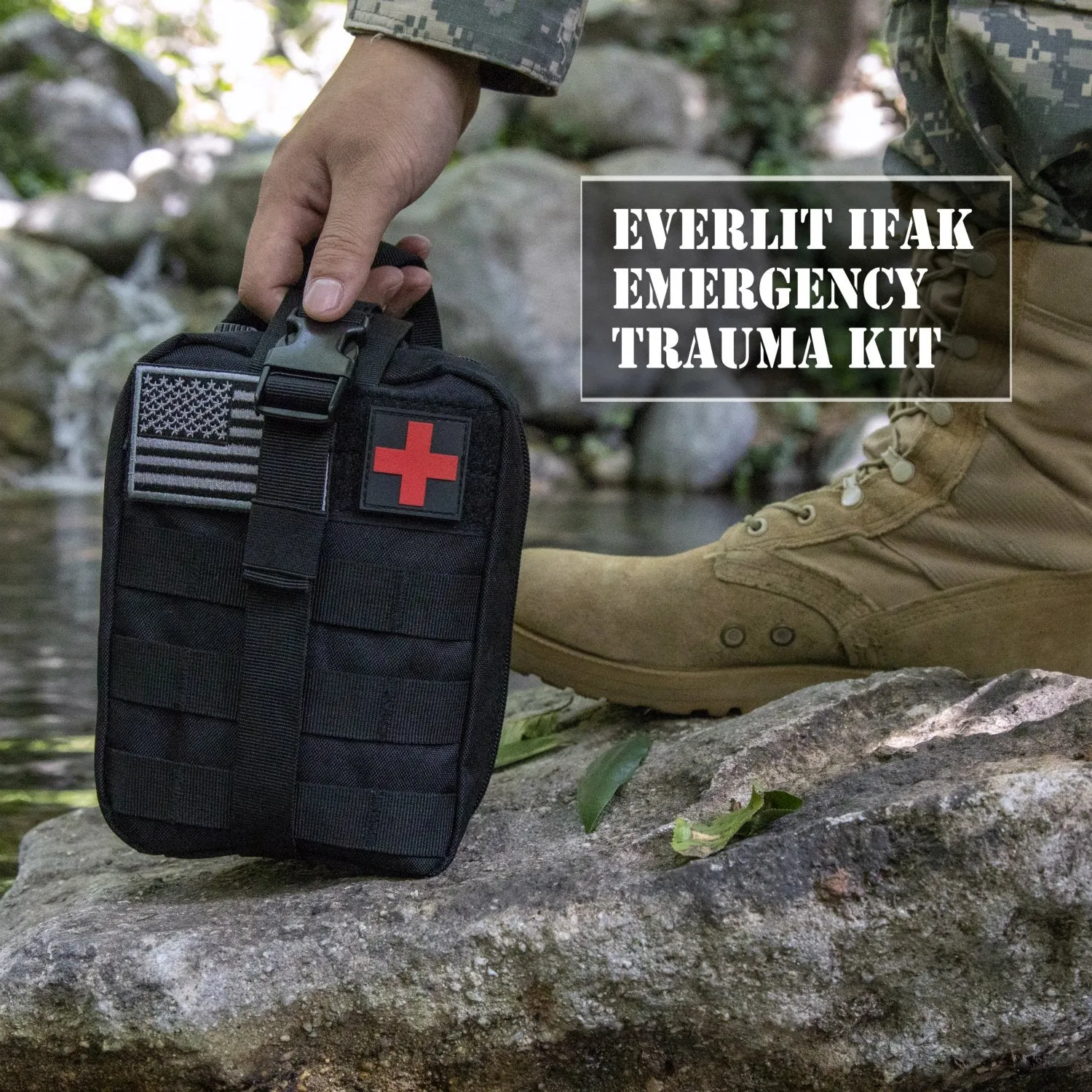 Everlit Emergency Survival Trauma Kit with Tourniquet 36" Splint, Military Combat Tactical IFAK for First Aid Response, Critical Wounds, Gun Shots, Blow Out, Severe Bleeding Control and More (Black)