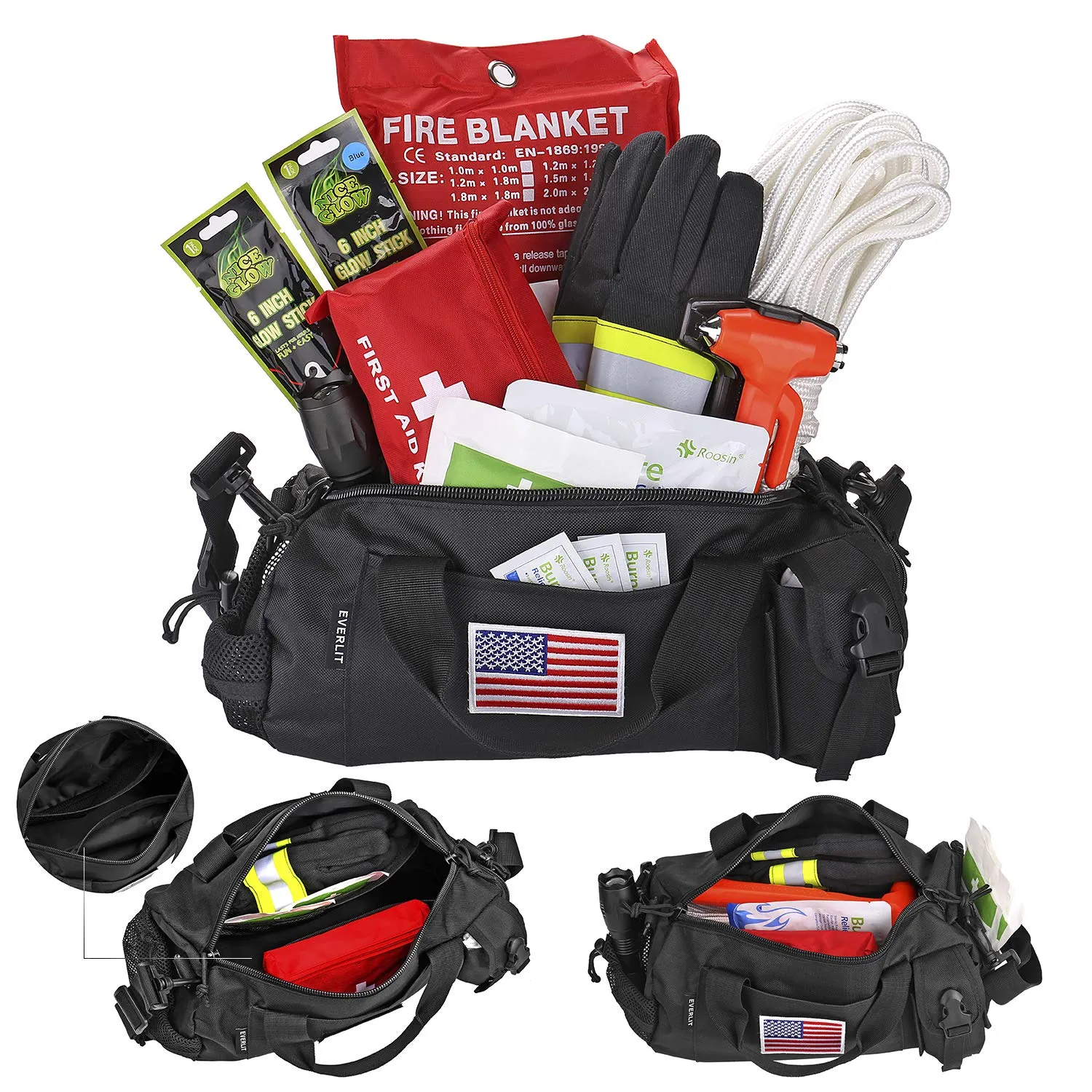 EVERLIT Survival Emergency Fire Safety Kit with Fire Blanket, Heat Resistant Gloves, Escape Rope, Glass Hammer, Glow Sticks, Flashlight, First Aid Supplies with Burn Injury Care Treatment and More