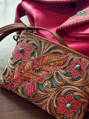 Feather Beauty Embroidered Mini Crossbody Purse in Pink/Light Brown