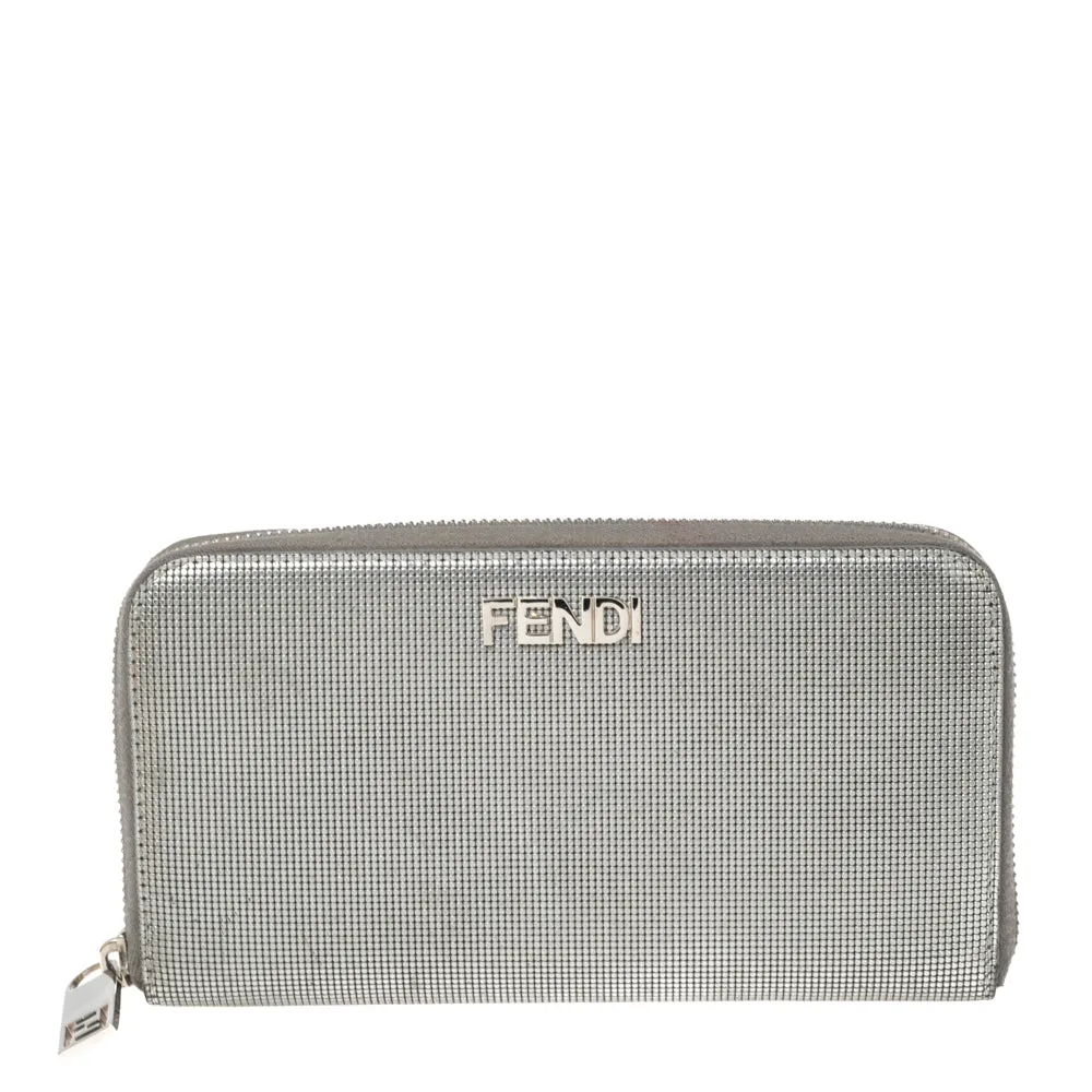 Fendi Silver Textured Leather Zip Around Continental Wallet