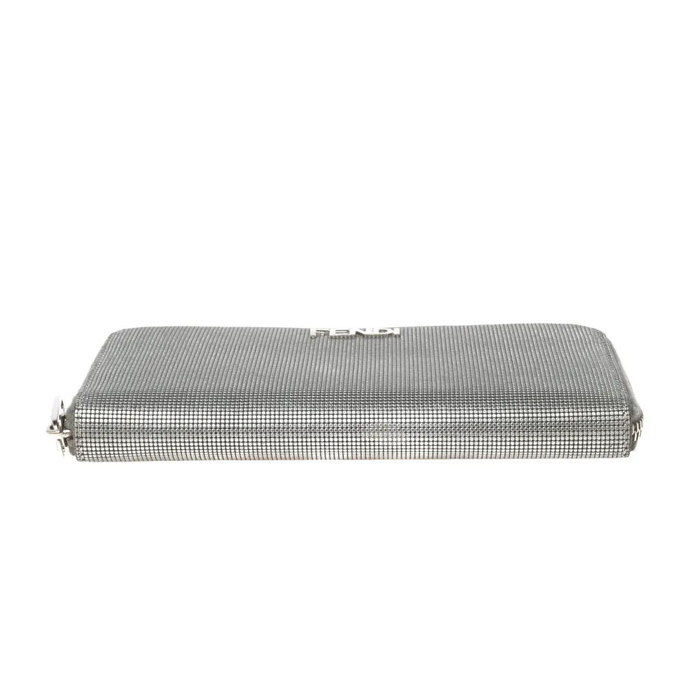 Fendi Silver Textured Leather Zip Around Continental Wallet