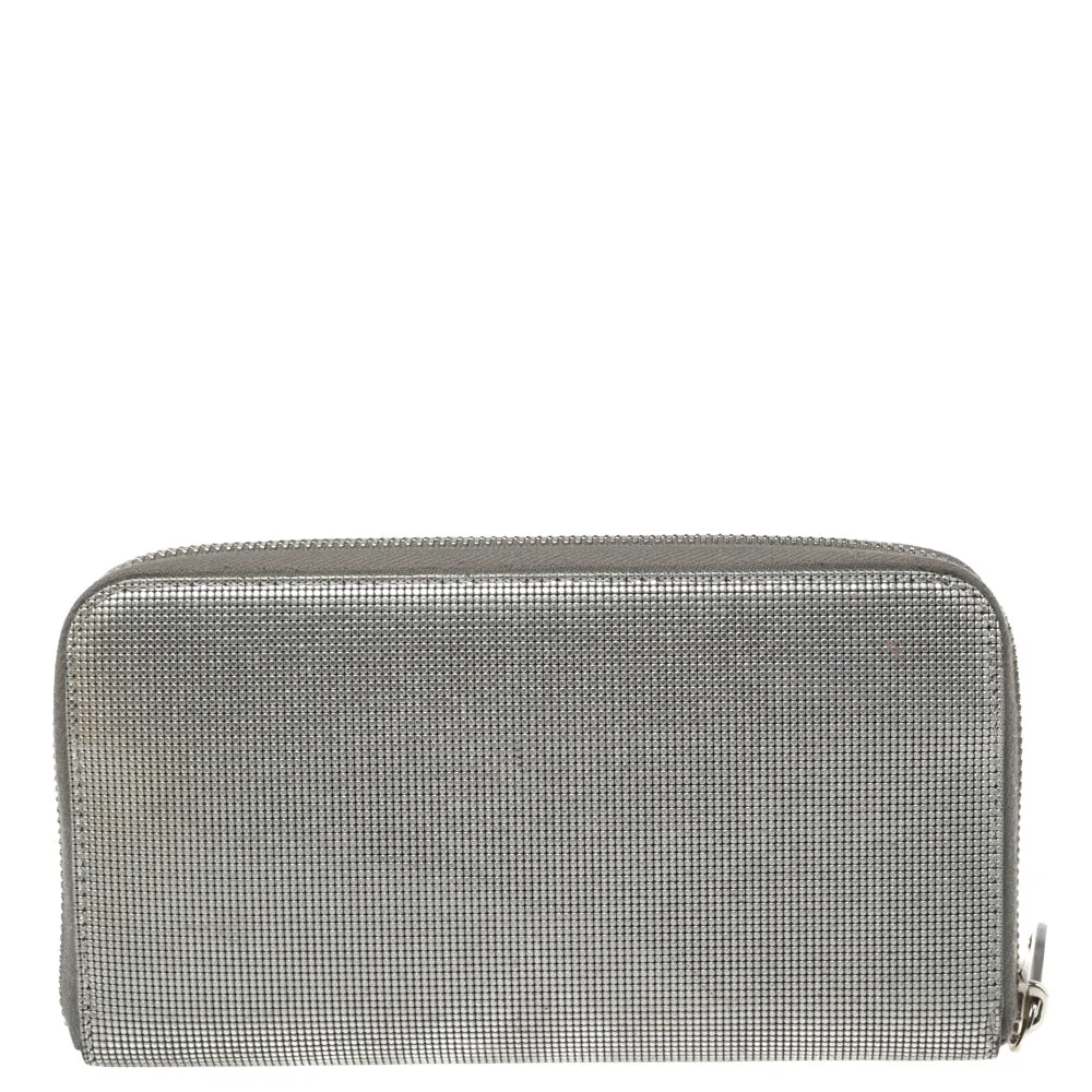 Fendi Silver Textured Leather Zip Around Continental Wallet