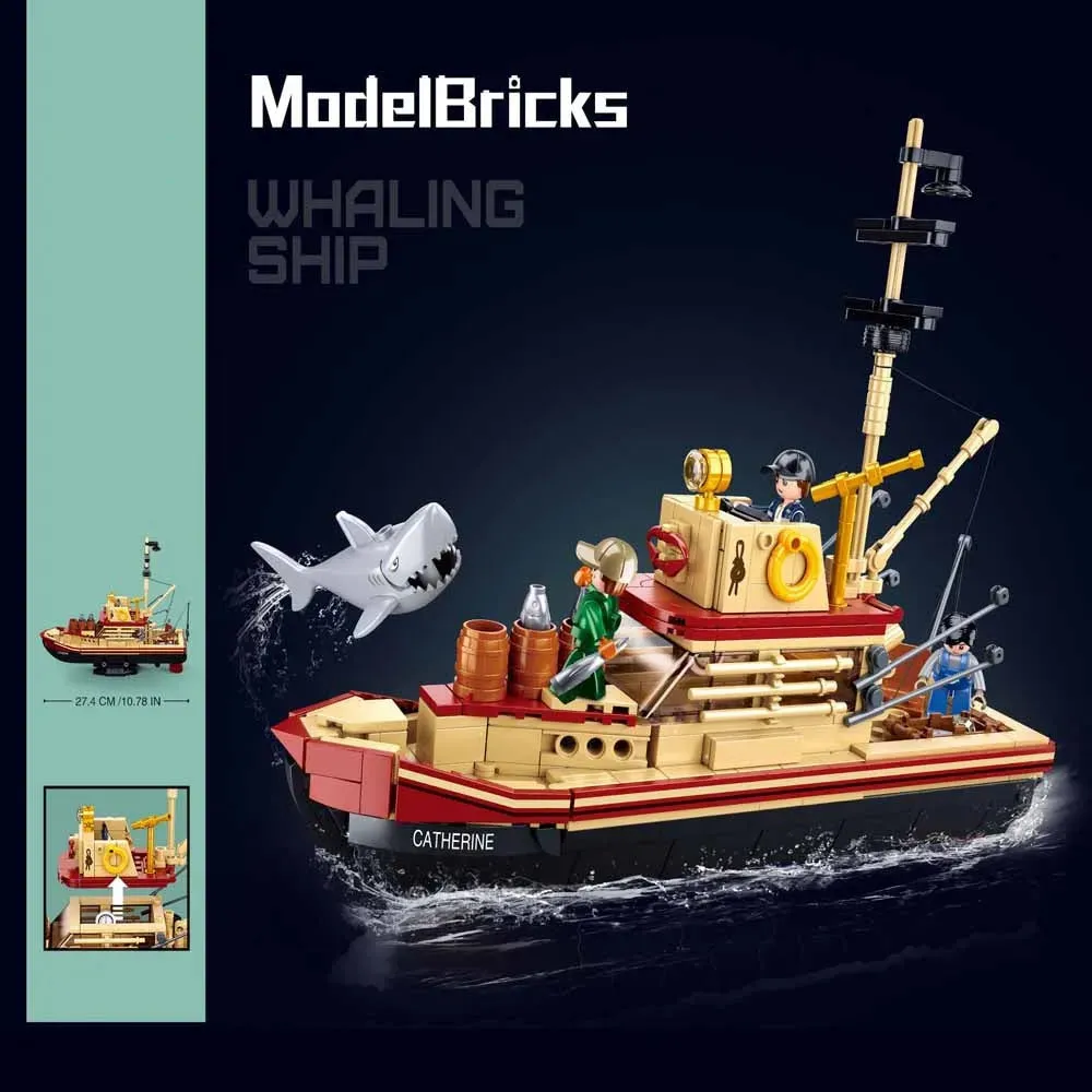 Fisherman Great Shark Fishing Boat Bricks Toy