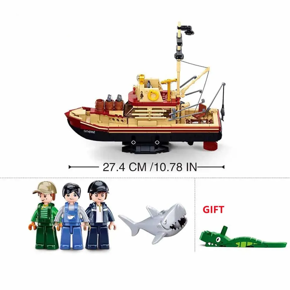 Fisherman Great Shark Fishing Boat Bricks Toy