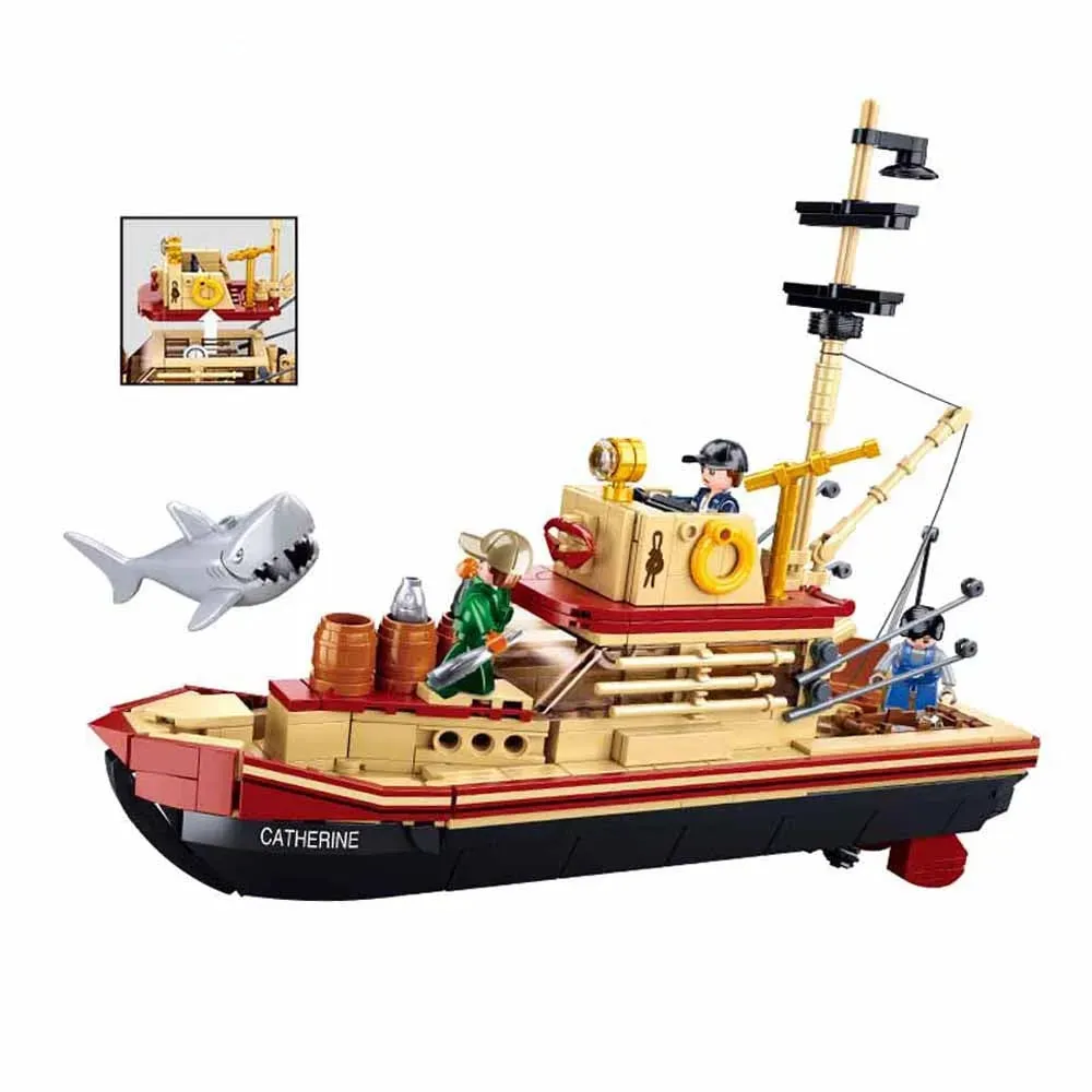 Fisherman Great Shark Fishing Boat Bricks Toy