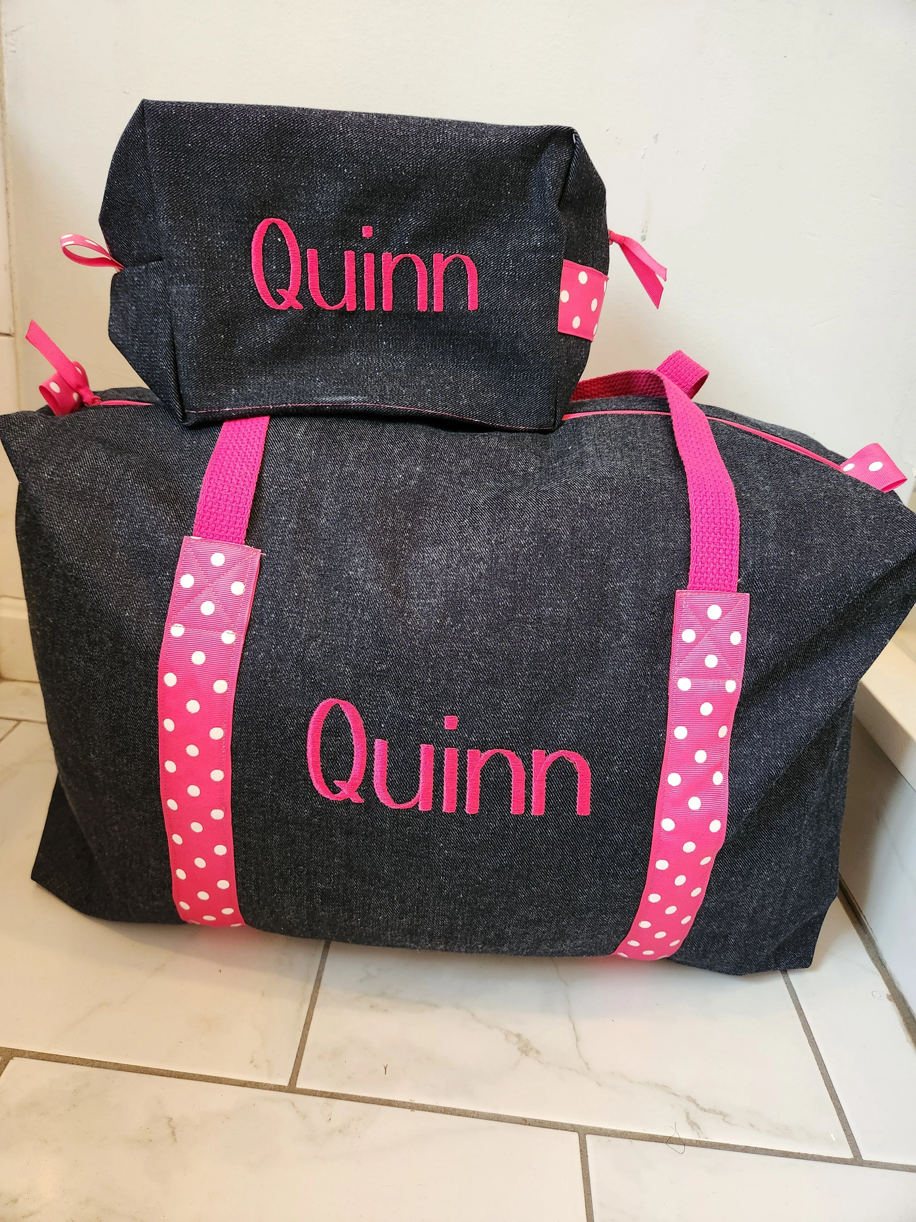 Girls Denim and Hot Pink Polka Dots Duffle