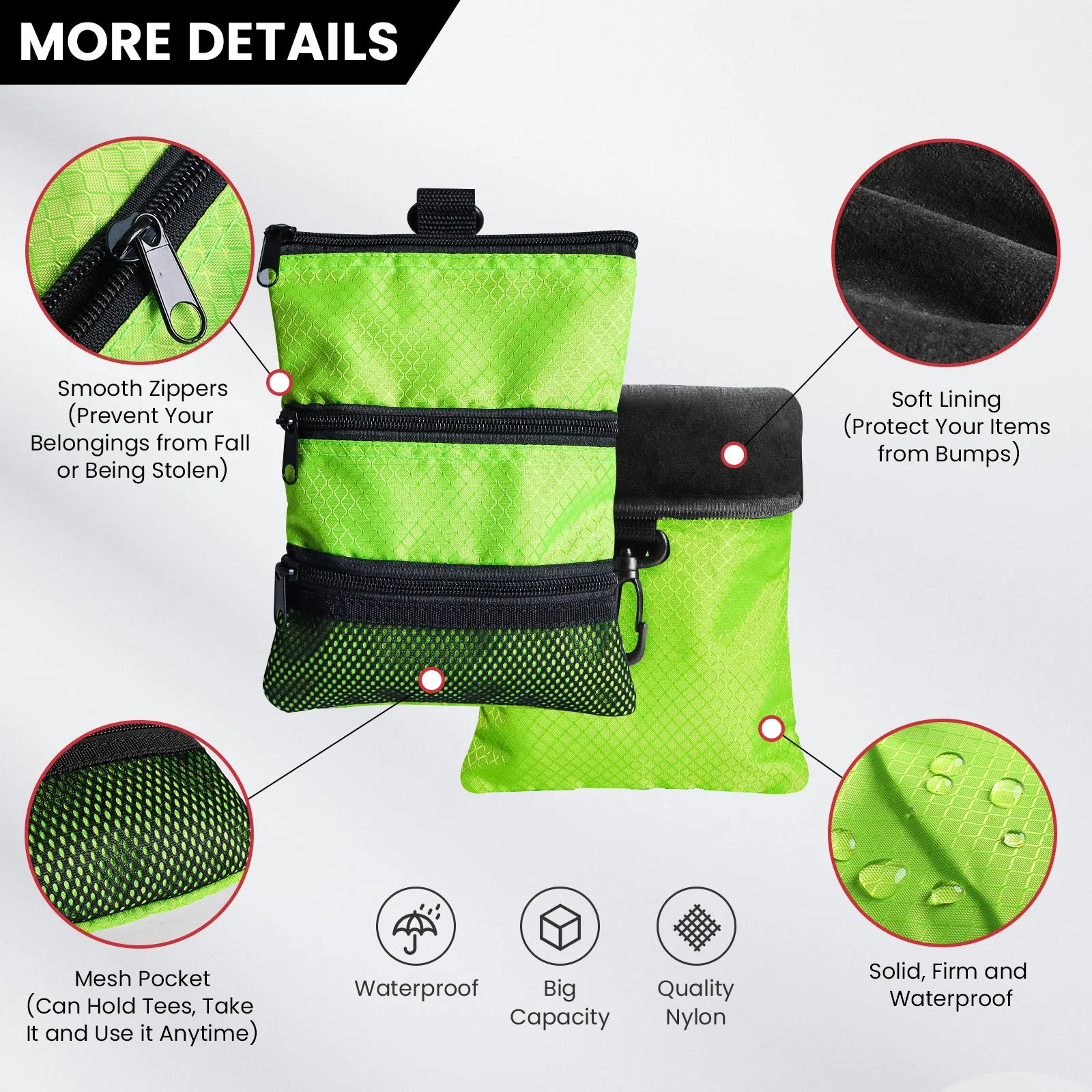 Golf valuables Pouch, Zipper Golf Ball Bag with 3 Pockets