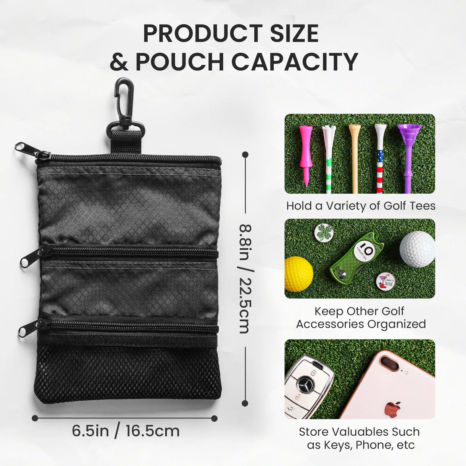 Golf valuables Pouch, Zipper Golf Ball Bag with 3 Pockets