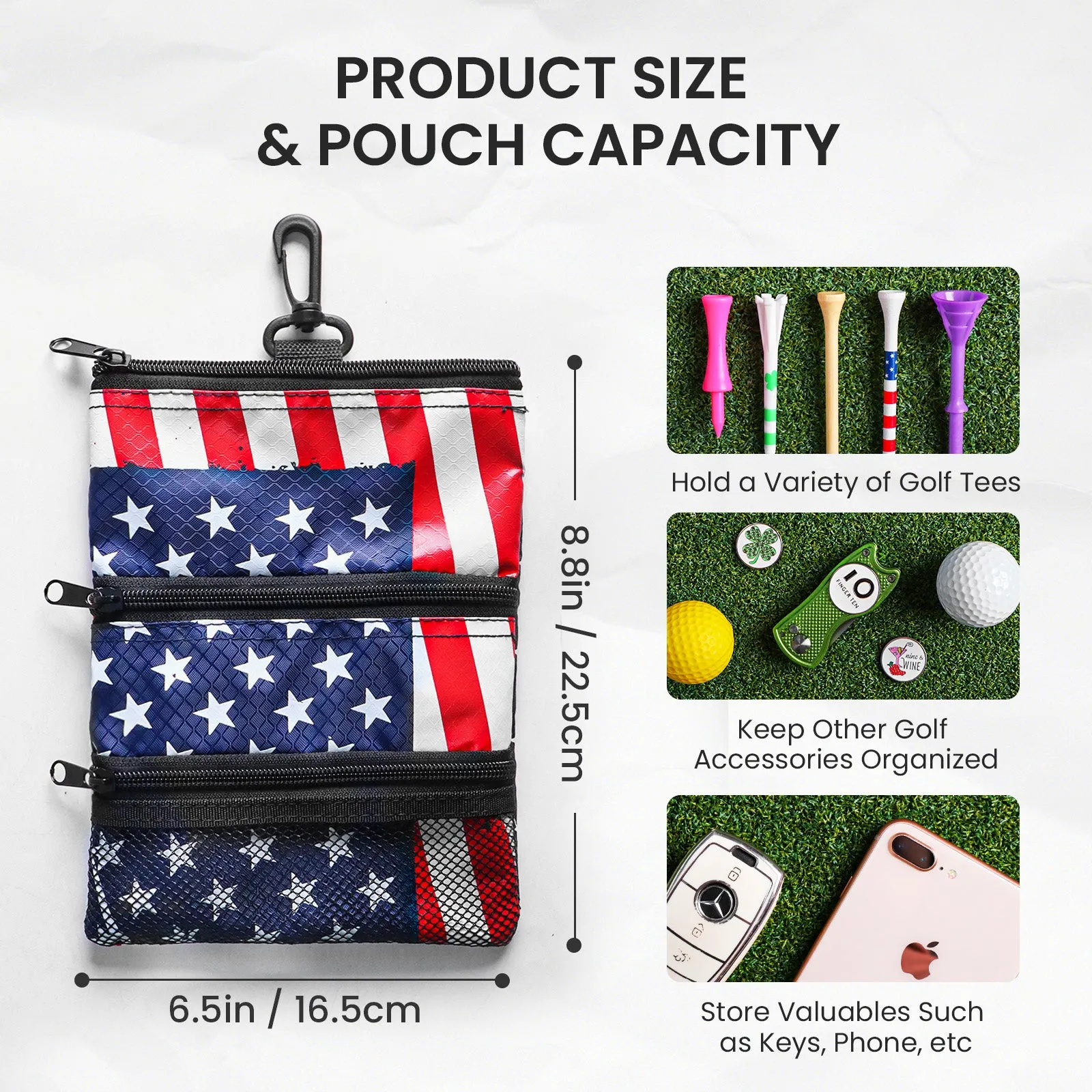 Golf valuables Pouch, Zipper Golf Ball Bag with 3 Pockets