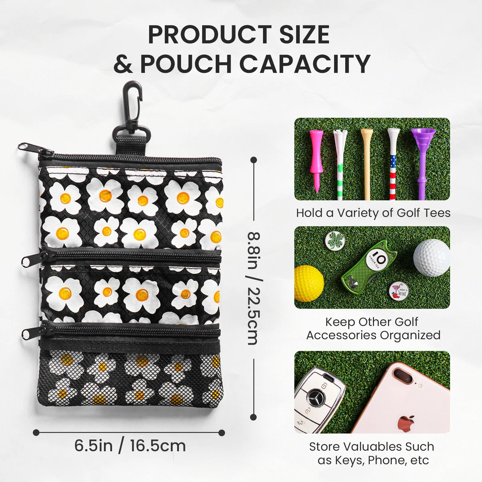 Golf valuables Pouch, Zipper Golf Ball Bag with 3 Pockets