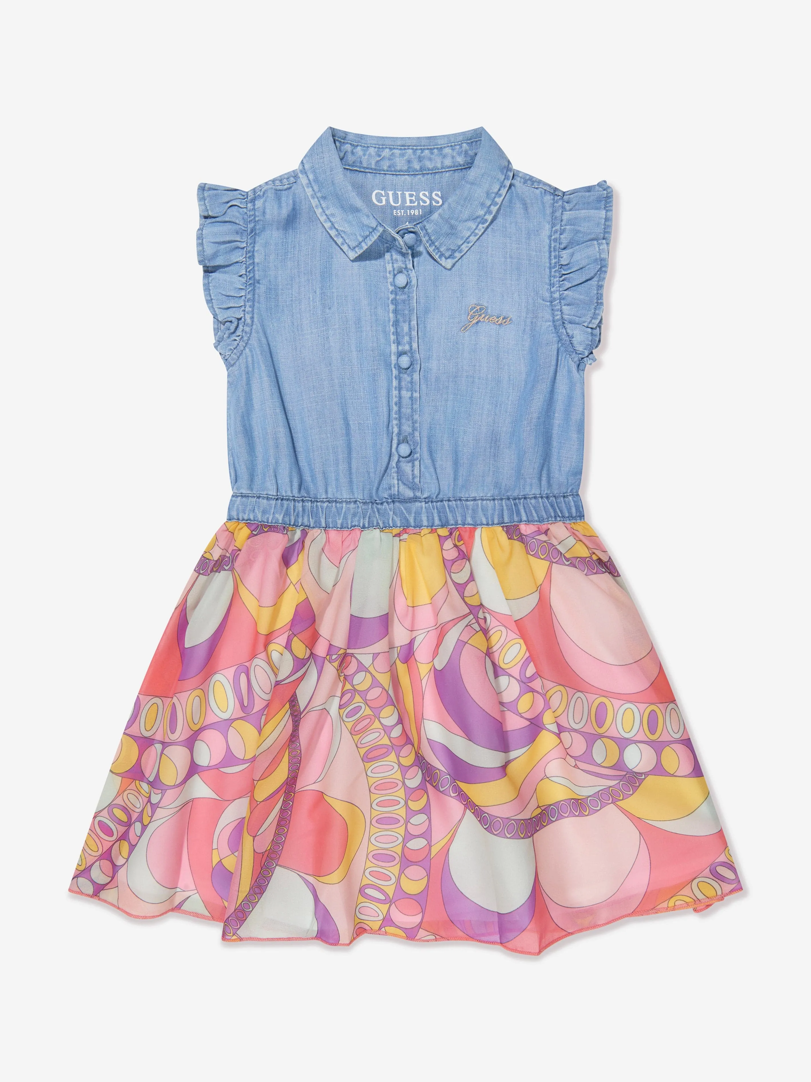 Guess Girls Mixed Fabric Dress in Multicolour