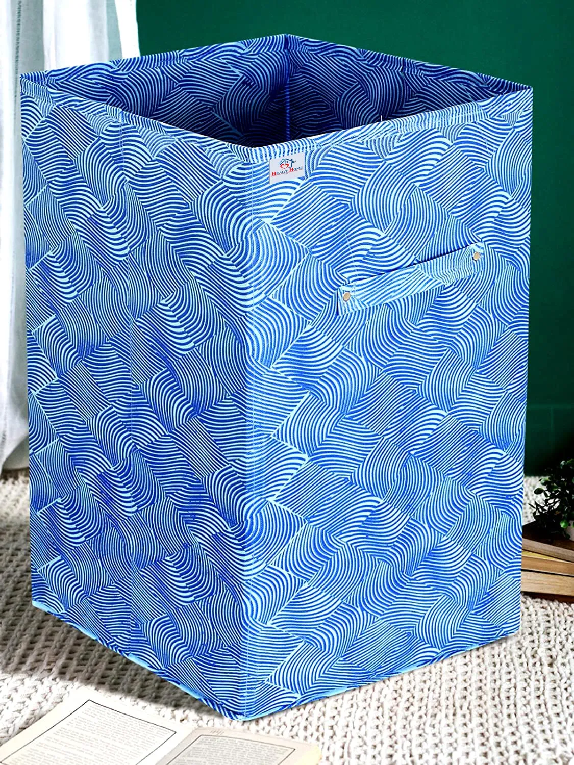 Heart Home Lehariya Printed Non-Woven Foldable Large Laundry basket/Hamper With Handles (Blue)-HS43HEARTH25864