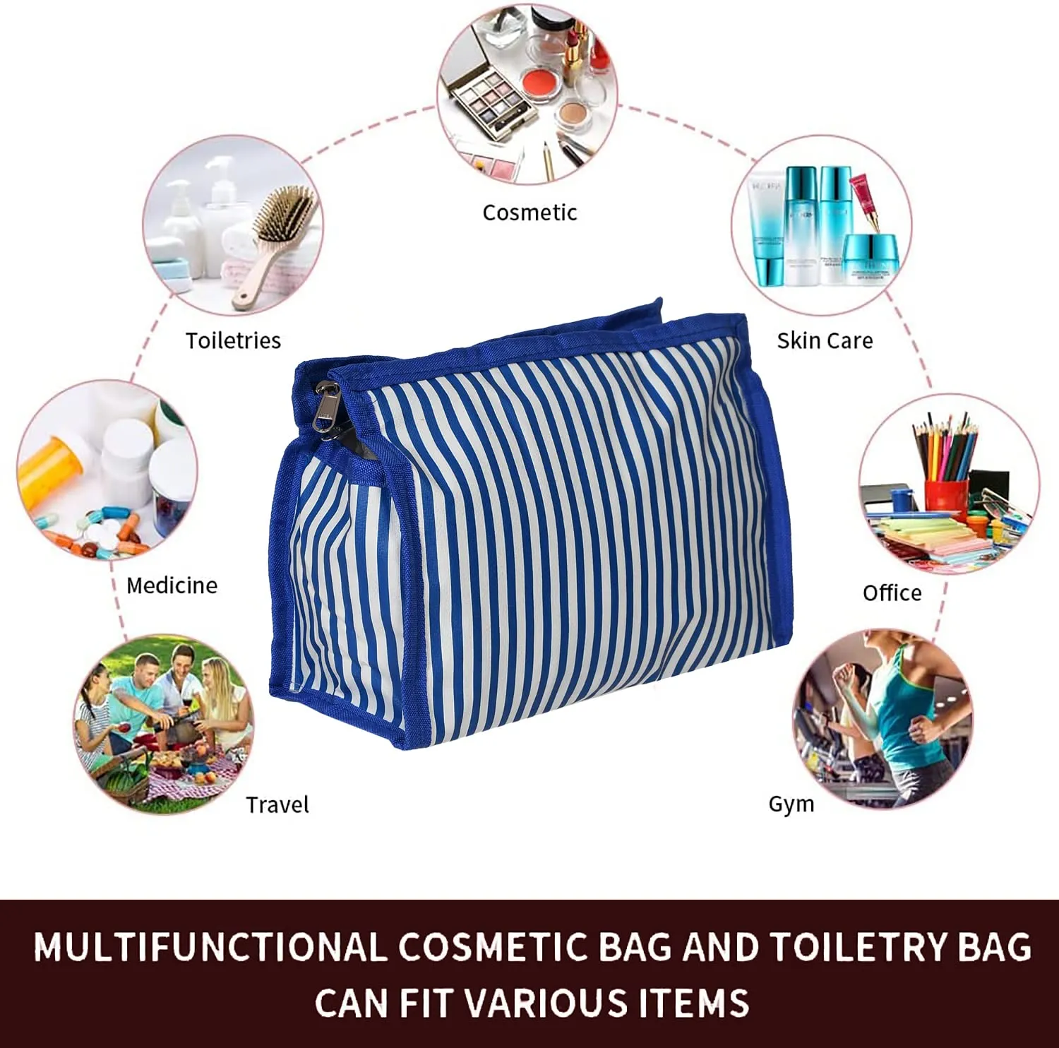 Heart Home Lining Print PVC Toiletry Bag for Home & Travelling with 3 Main Zipper Pack of 2 (Blue) 54HH4351.